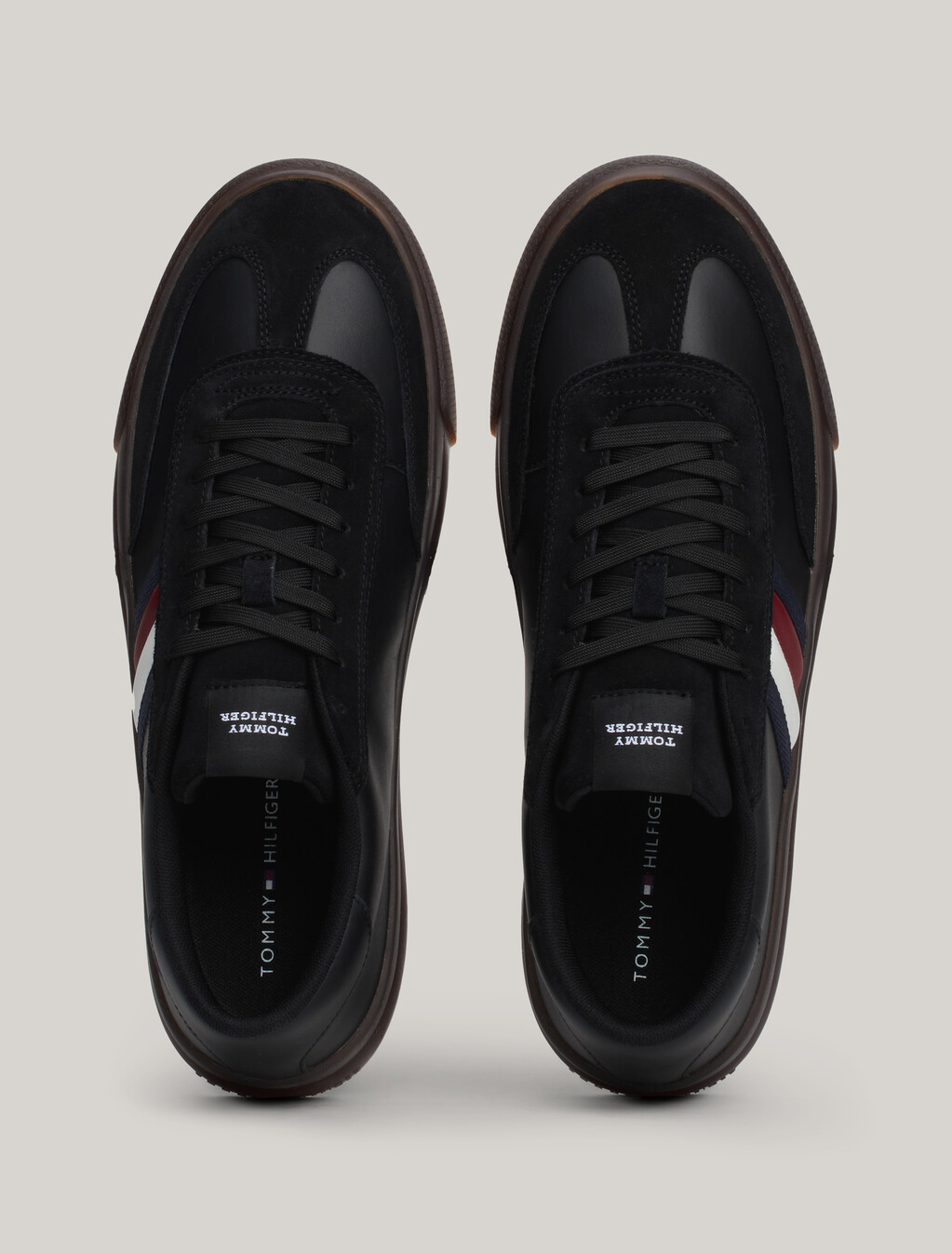 Leather Signature Tape Lace-Up Trainers, Black, hi-res