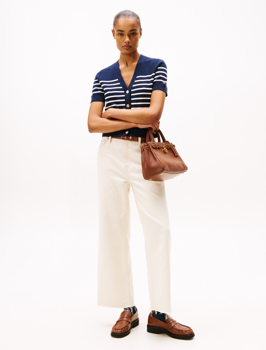 Jersey Gold-Tone Button Short Sleeve Cardigan