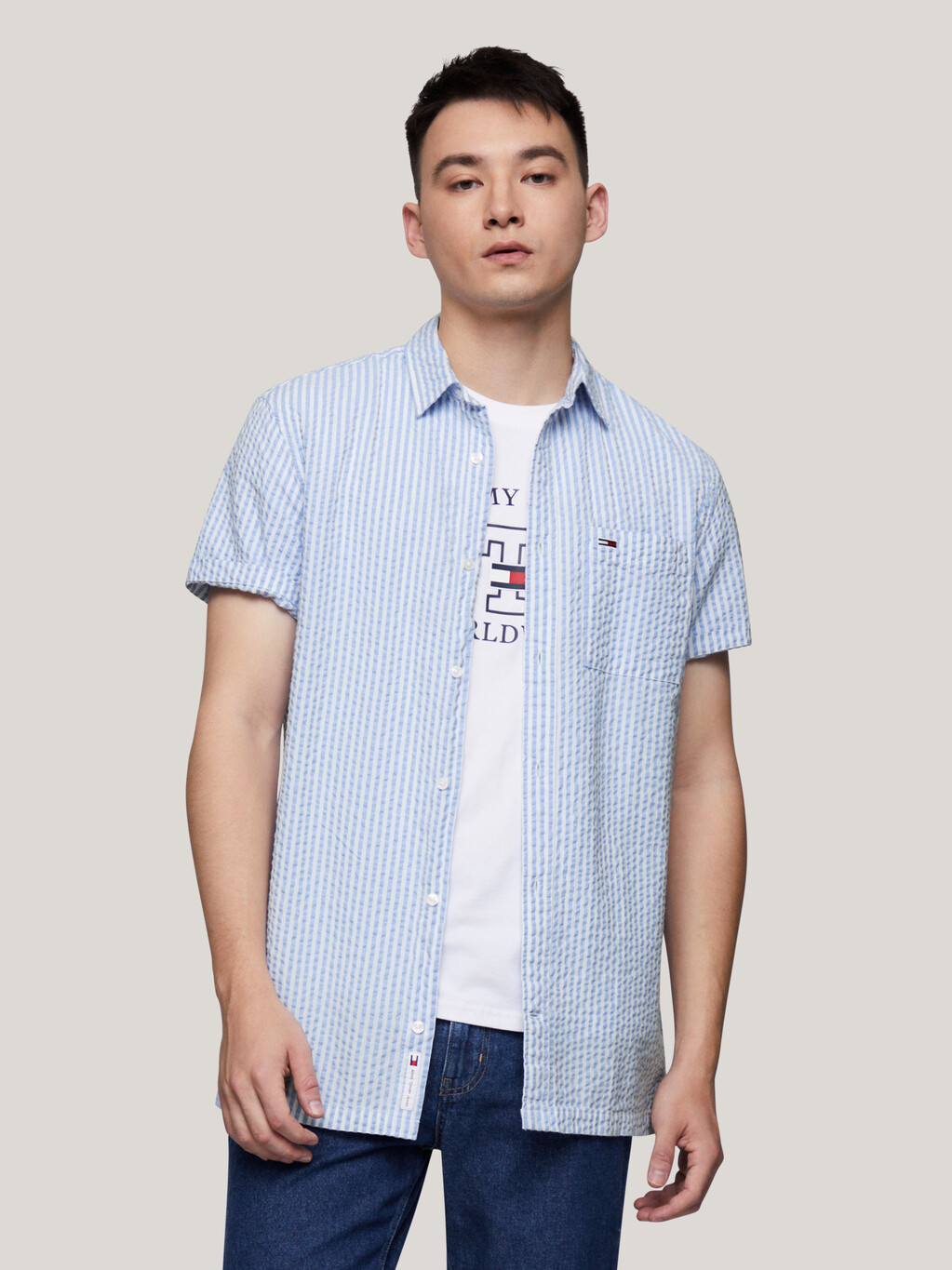條紋泡泡紗短袖襯衫, White / Moderate Blue, hi-res
