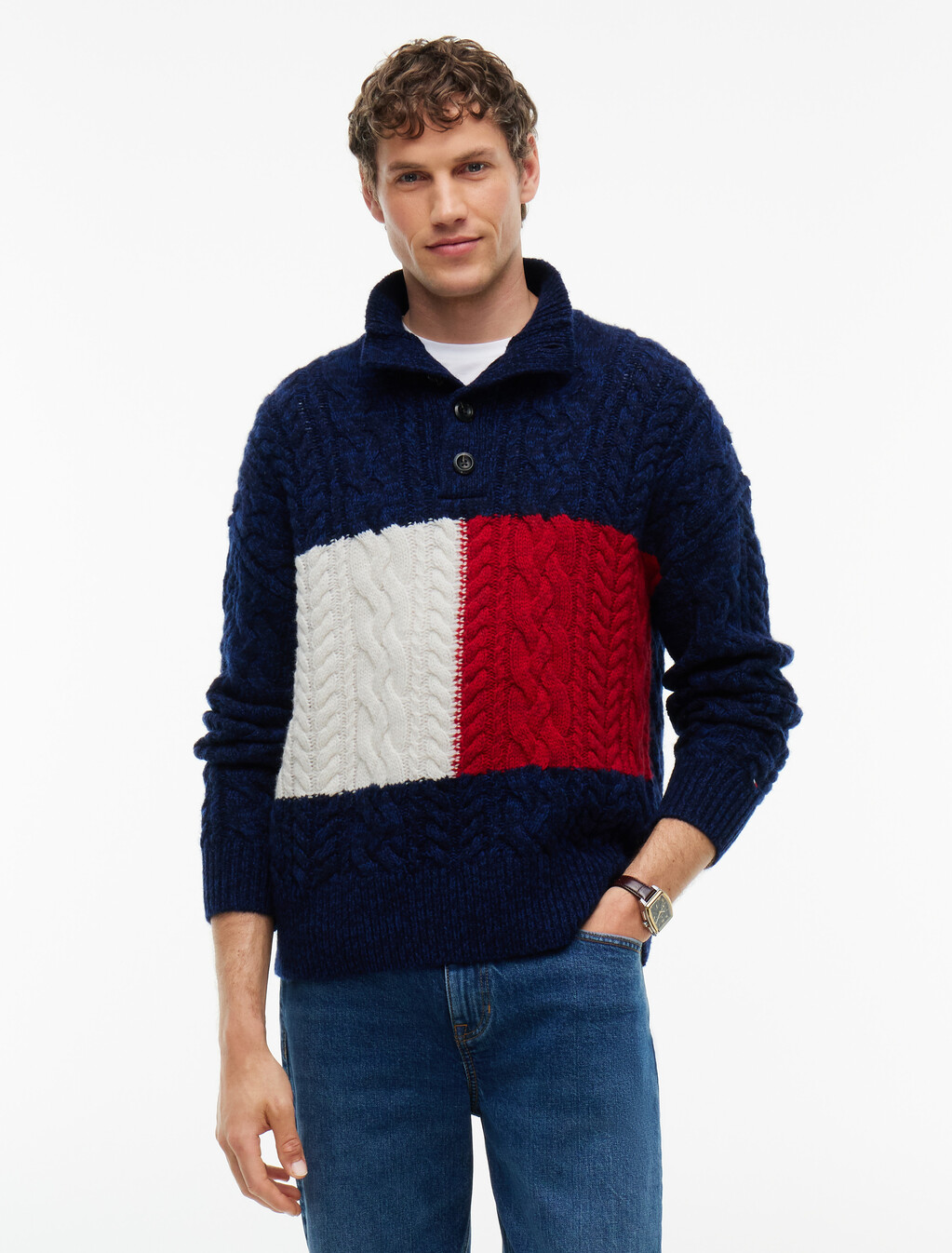 Wool Blend Button Mock Neck Jumper, Navy Blue, hi-res
