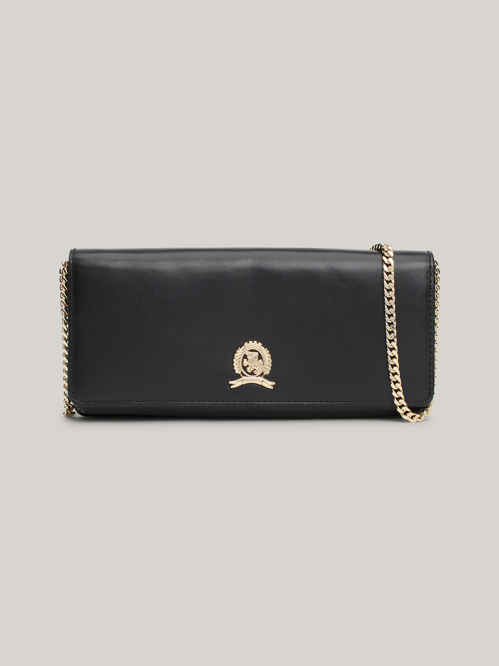 Chain Strap Leather Clutch, Black, hi-res