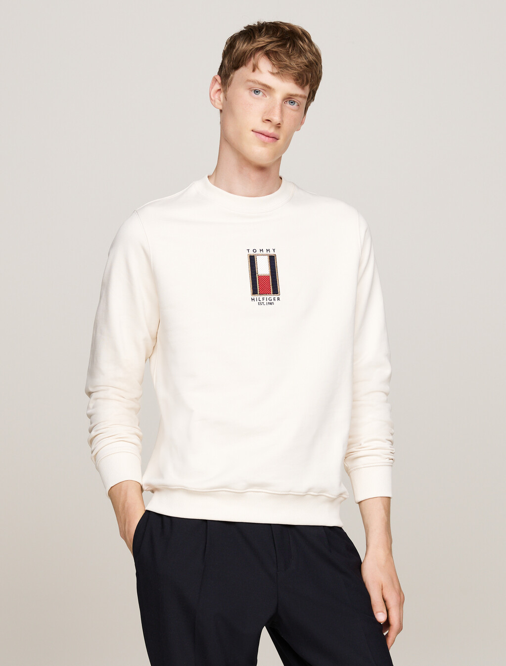 Vertical Flag Embroidery Sweatshirt, Ivory Petal, hi-res
