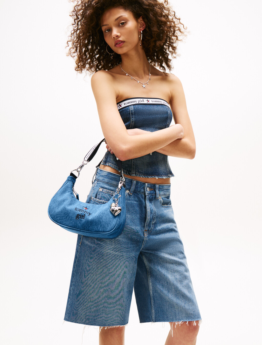 Tommy Girl Logo Charm Denim Shoulder Bag, Mid Blue Denim Wash, hi-res