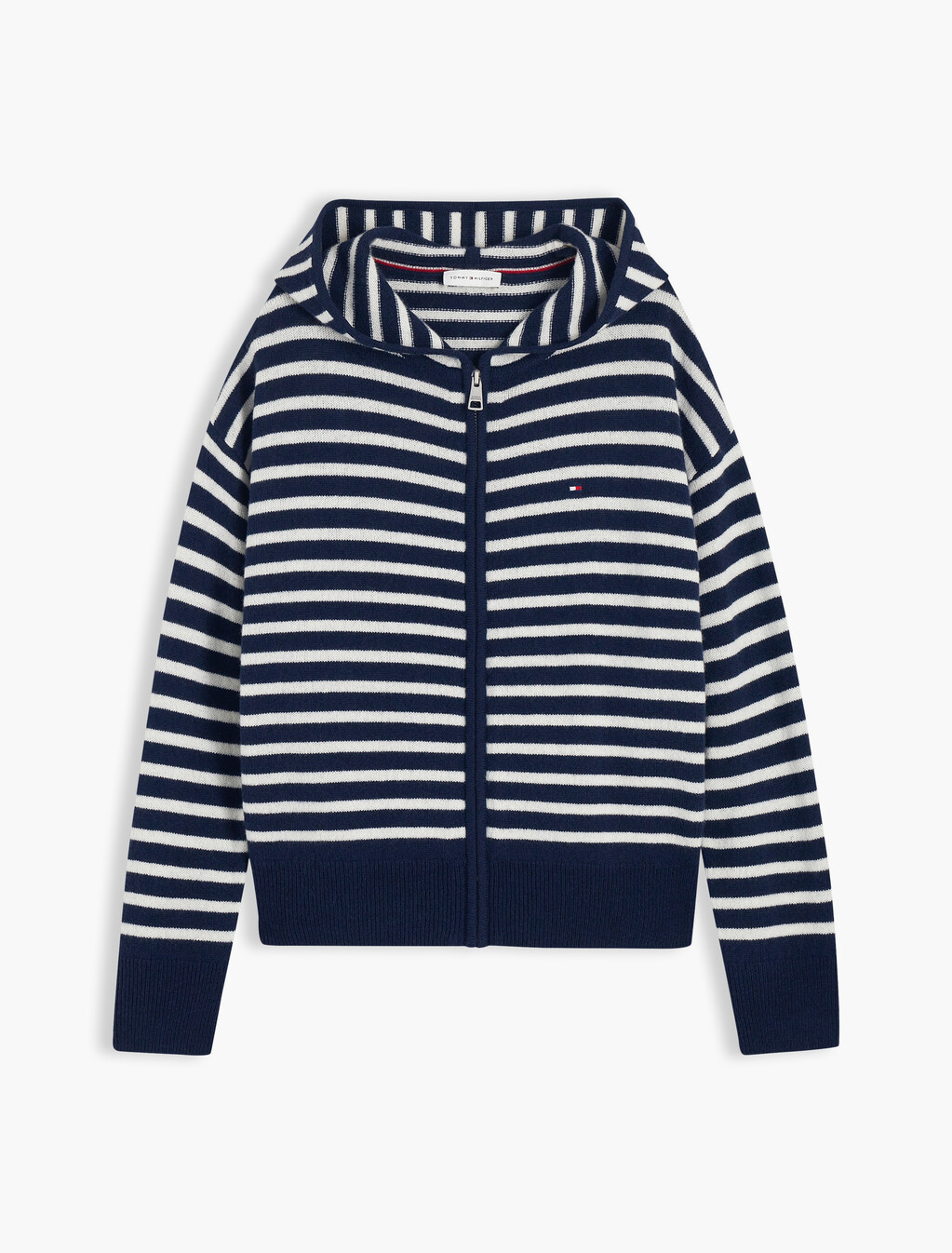 Pure Wool Slim Zip-Thru Hooded Jumper, Stripe Dark Blue / Ecru, hi-res