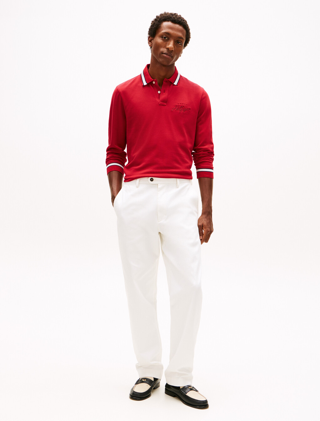 Regular Fit Tipped Long Sleeve Polo Shirt, Medium Red, hi-res