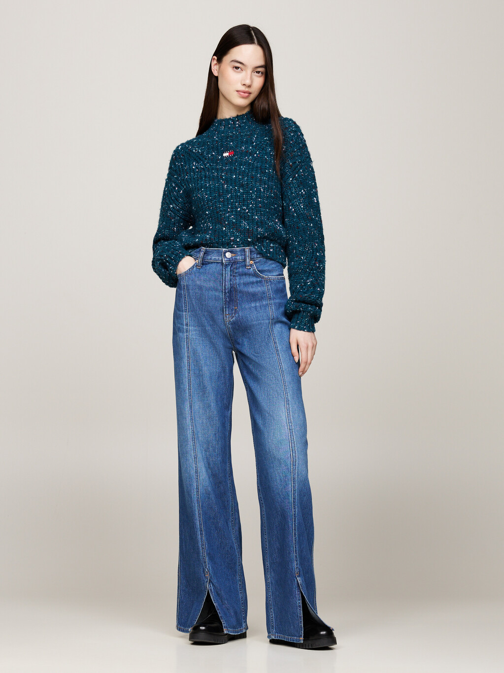 Mock Turtleneck Boxy Cropped Jumper With Wool, Deep Seawater, hi-res