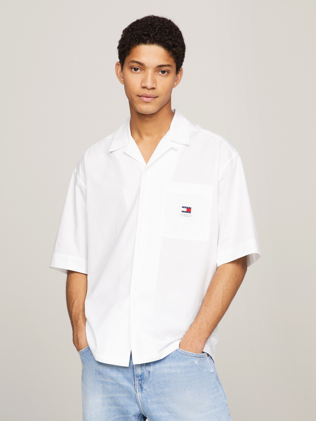 Logo Patch Relaxed Fit Short Sleeve Shirt, White, hi-res
