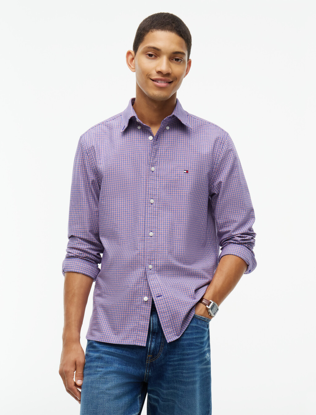 Regular Fit Micro Tartan Oxford Shirt, Medium Red / Check, hi-res
