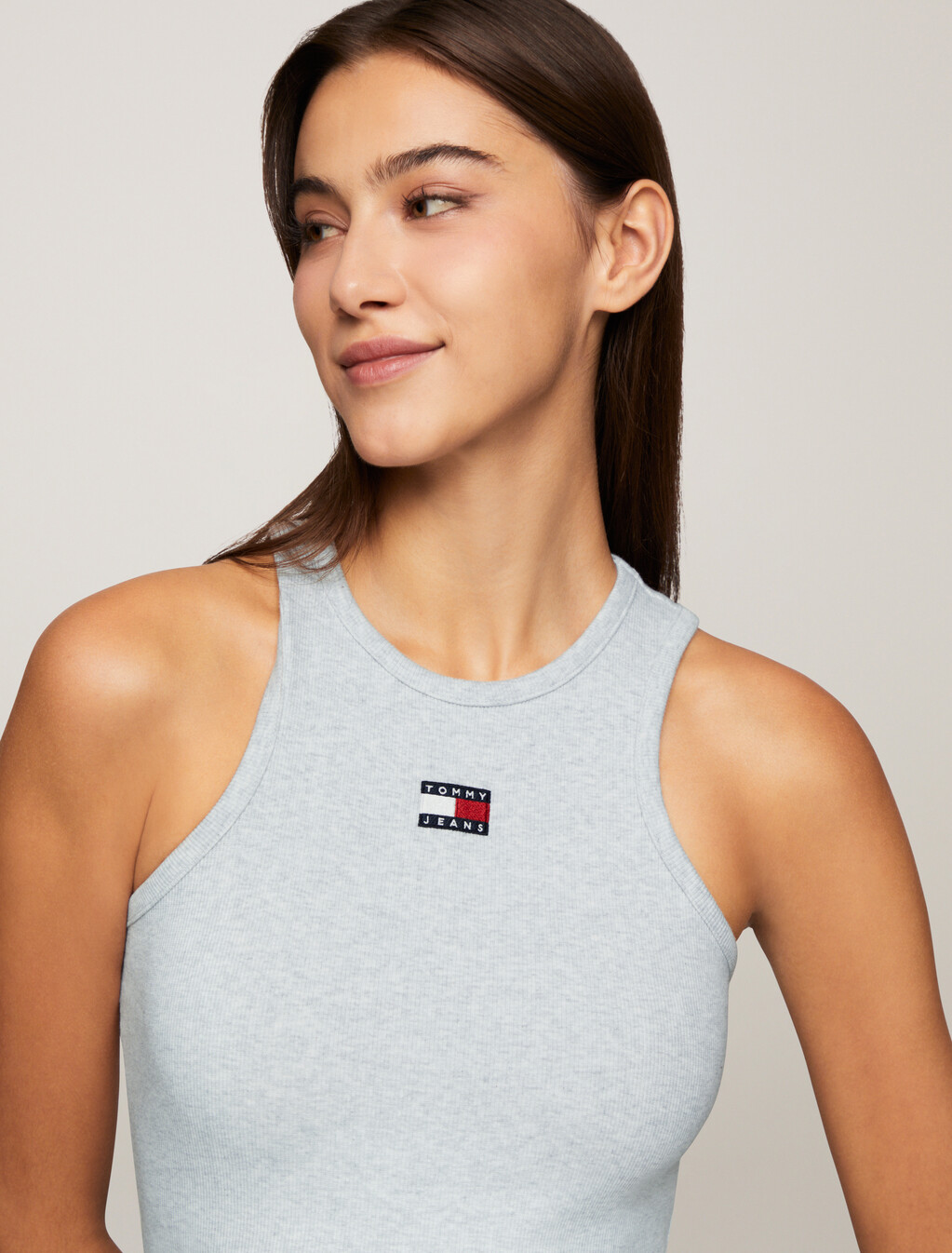 Rib Knit Flag Badge Racer Dress, Silver Grey Htr, hi-res