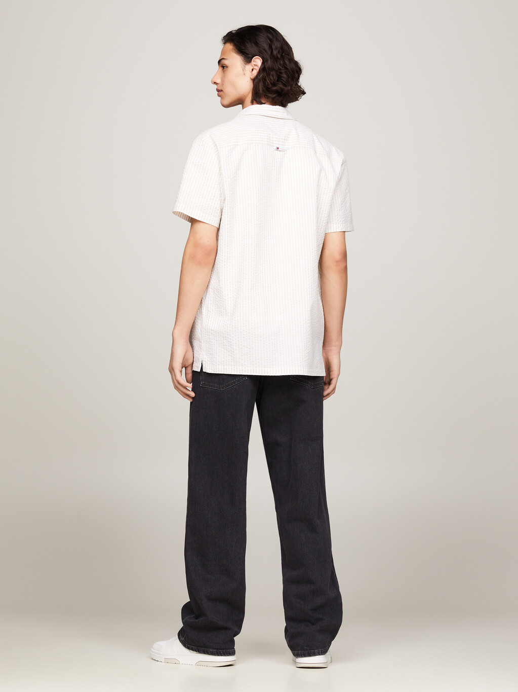 條紋泡泡紗短袖襯衫, White / Newsprint, hi-res