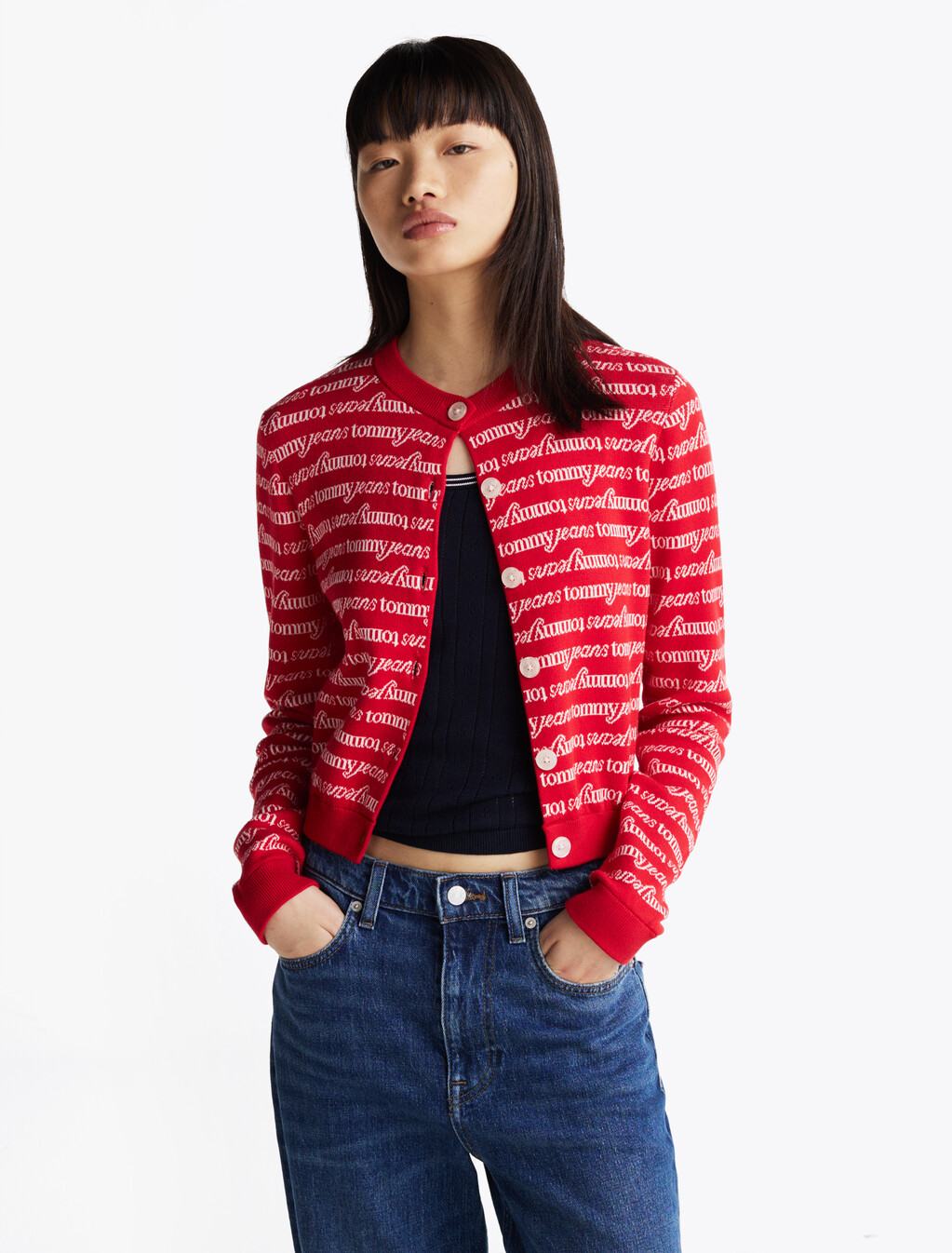 All-Over Logo Cropped Slim Cardigan, Red Hybrid Logo Aop, hi-res