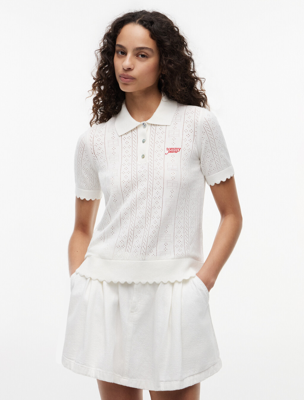 Pointelle Flag Short Sleeve Polo Jumper, Ancient White, hi-res