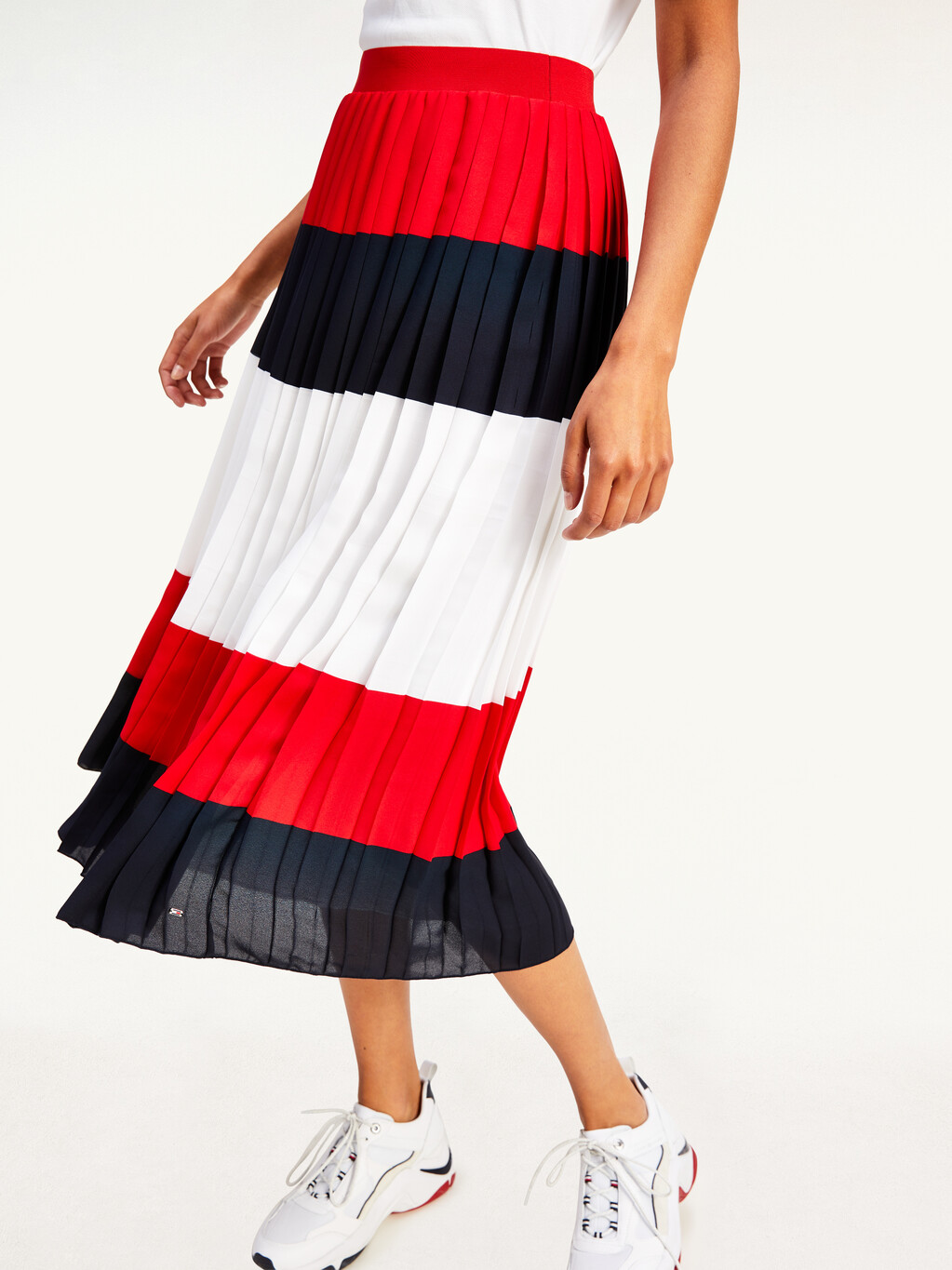 Colour-Blocked Pleated Midi Skirt | red | Tommy Hilfiger Hong Kong