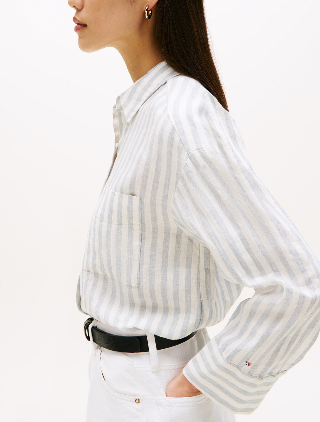 亞洲版型亞麻寬版襯衫, Linen Stp/ Cloudy Blue/ Ecru, hi-res