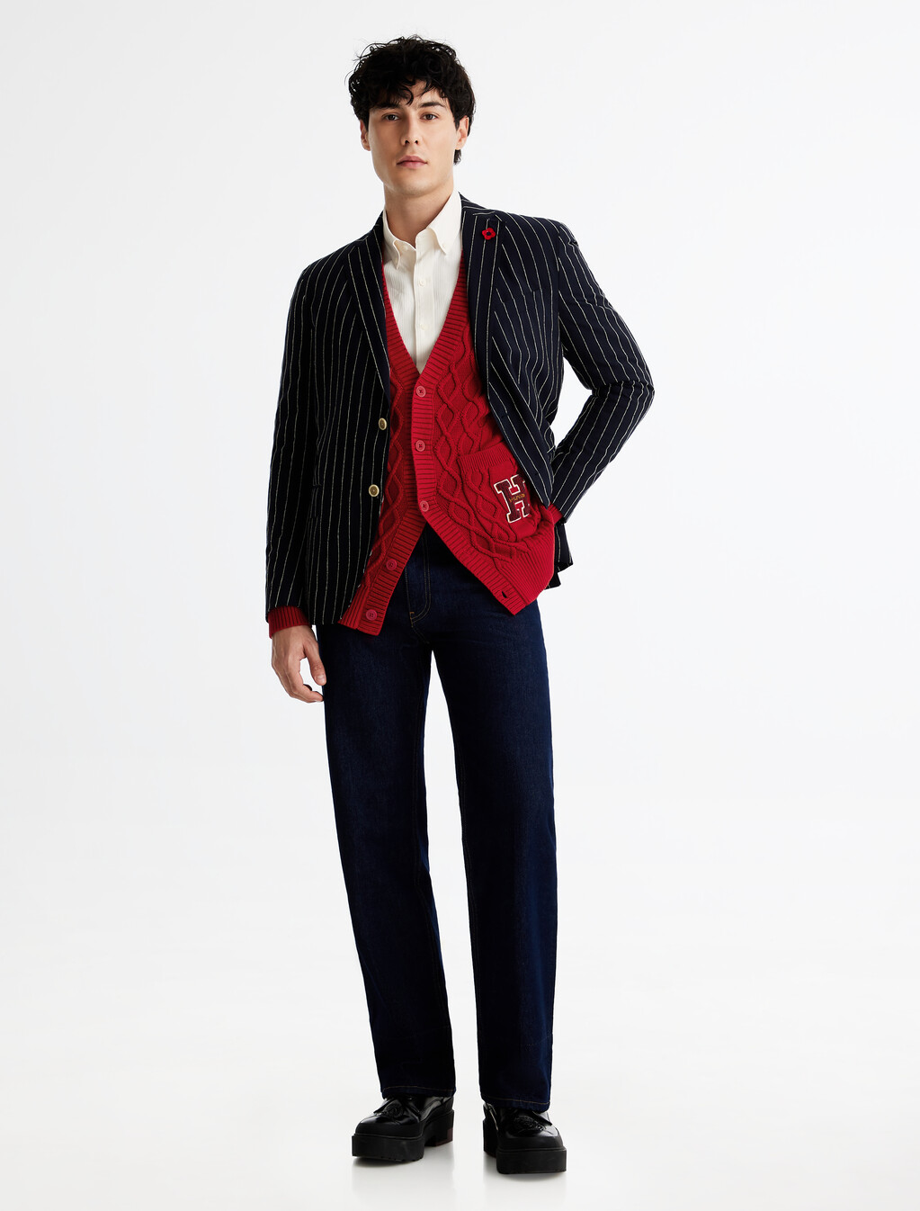 Cable Knit Letterman Applique Cardigan, Arizona Red, hi-res
