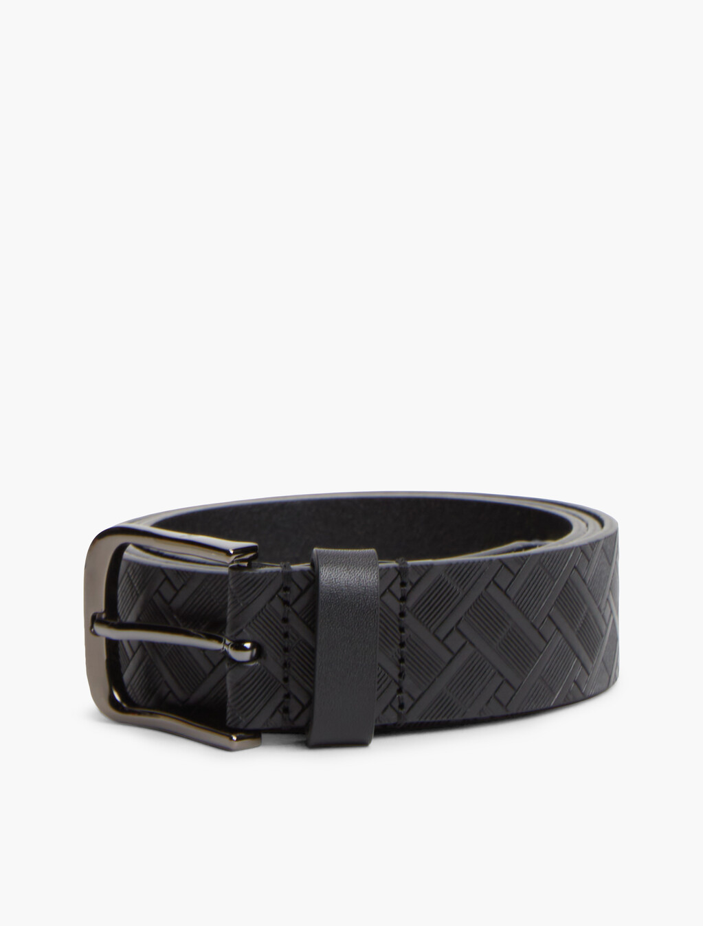 Flag Embossed Square Buckle Leather Belt, Black, hi-res