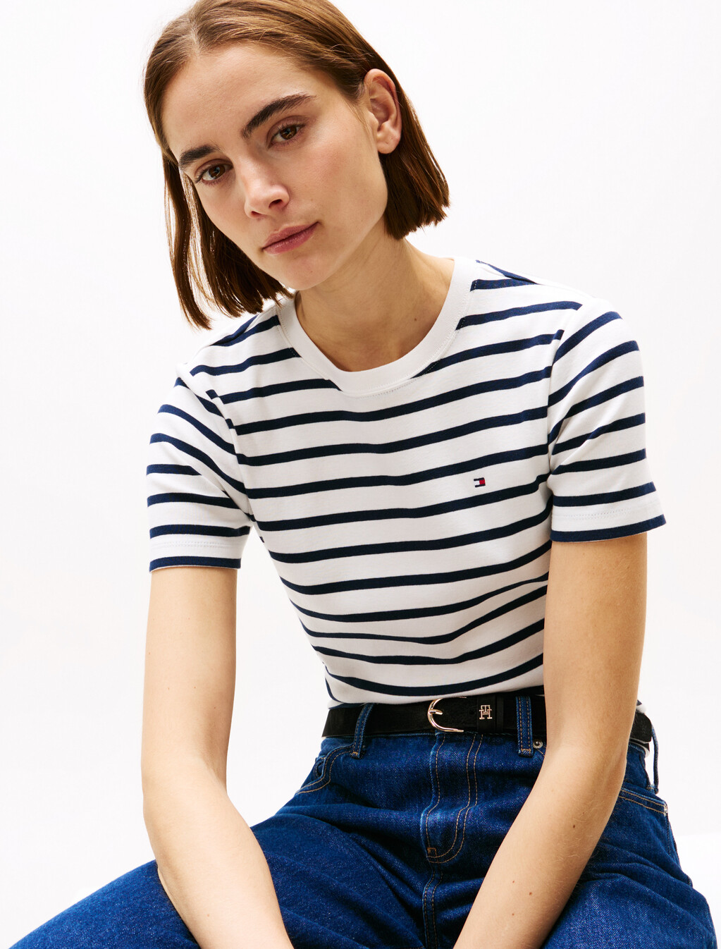 Flag Embroidery Ribbed Slim T-Shirt, Breton Dark Night Navy Stp, hi-res