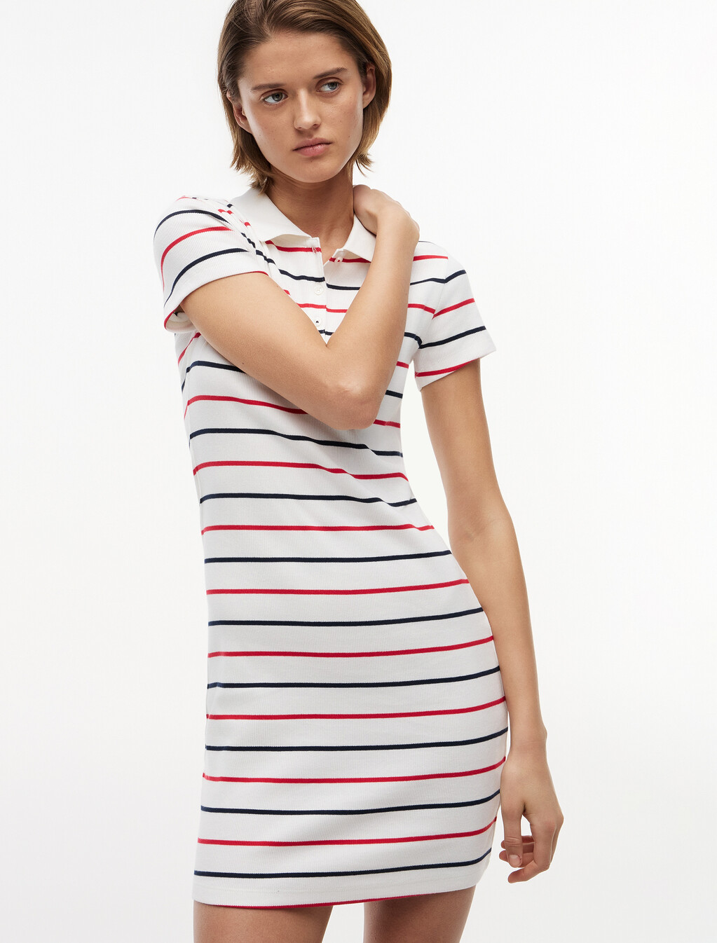 羅紋貼身長版迷你 Polo 連身裙, Ecru / Multi Stripe, hi-res