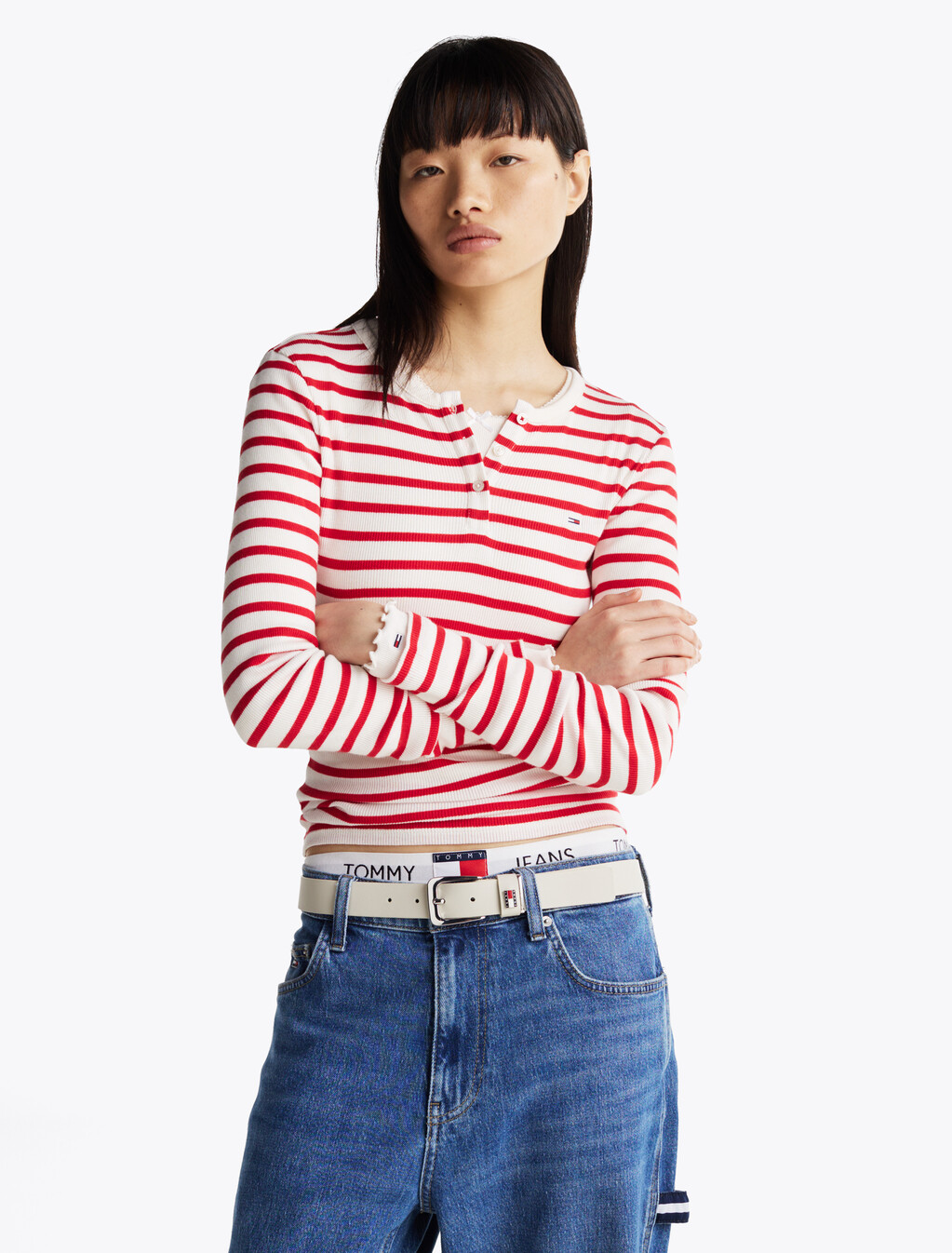 Ribbed Long Sleeve Slim T-Shirt, Red/White Sripe, hi-res