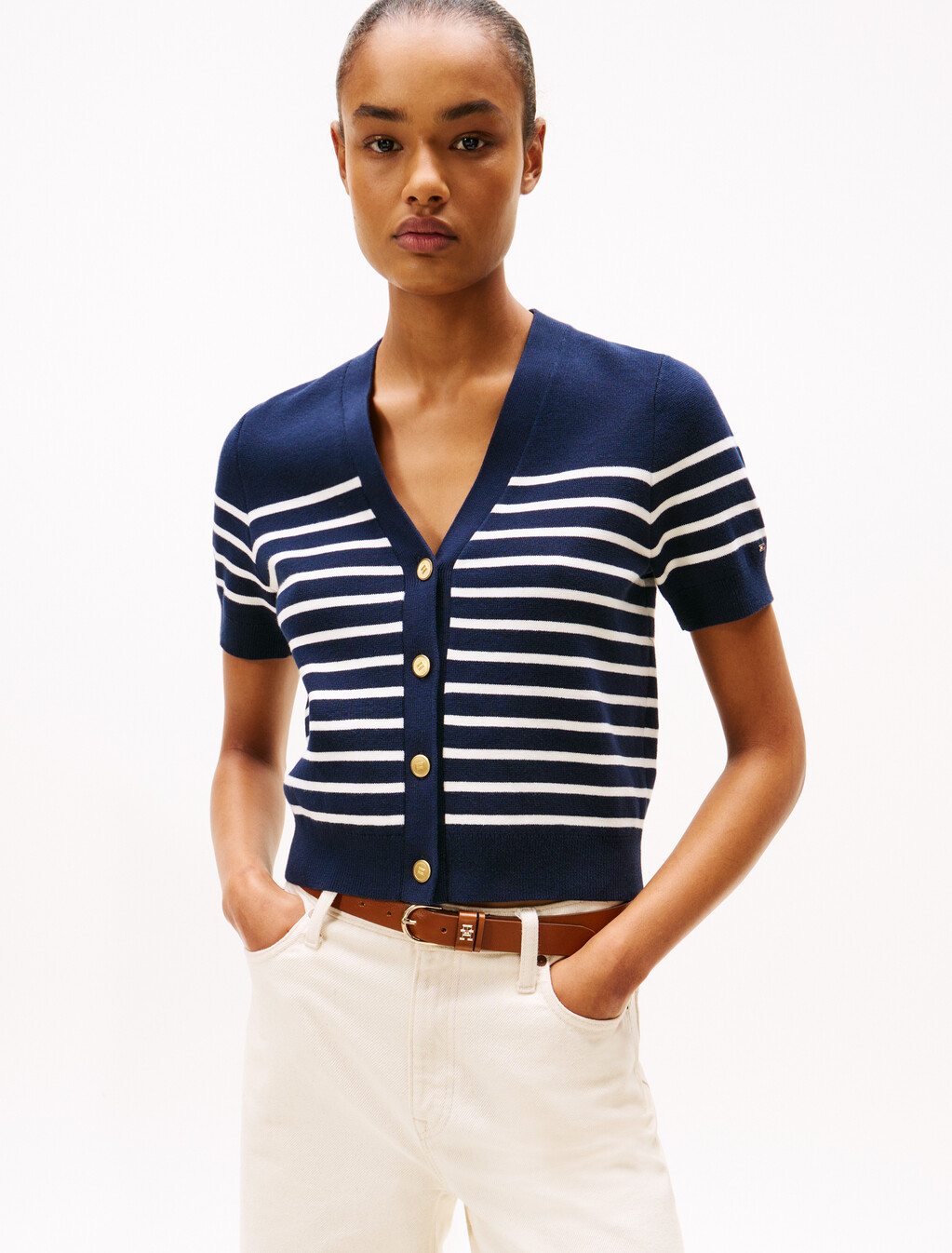 Jersey Gold-Tone Button Short Sleeve Cardigan, Placed Thin White Stp Sweaters, hi-res