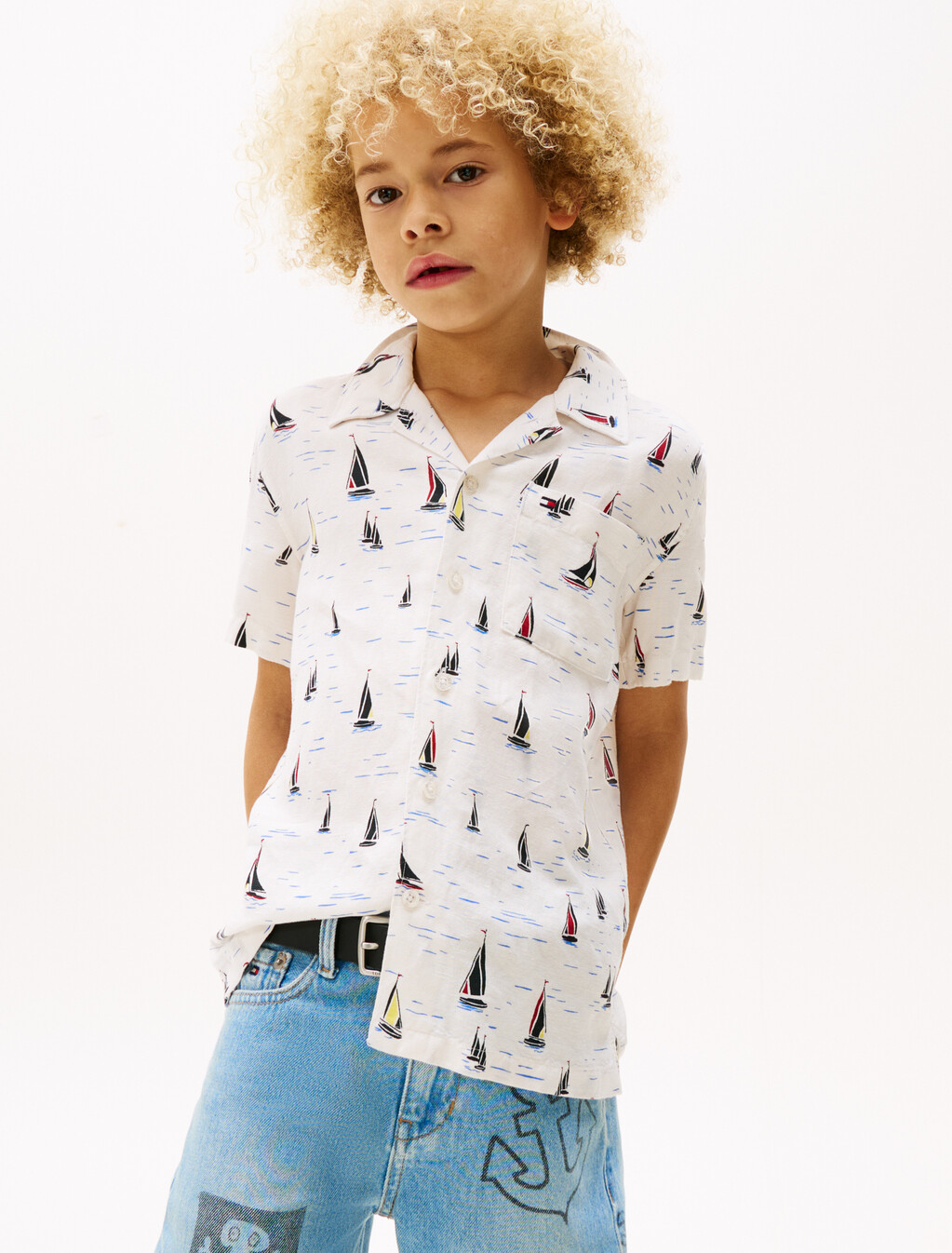Print Woven Short Sleeve Shirt, All Over Boat Print, hi-res