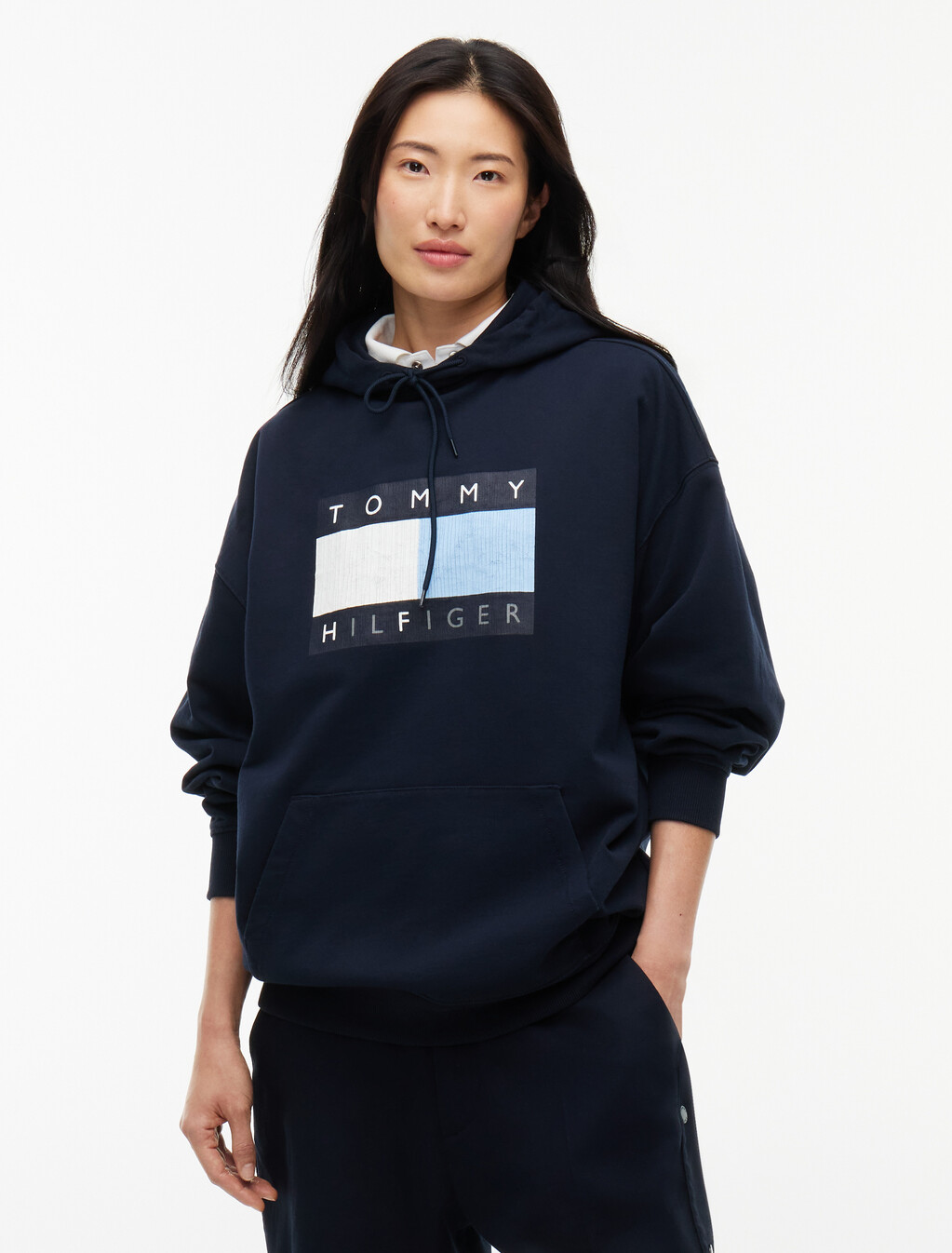 Washed Flag Logo Fleece Relaxed Hoody, Navy Blue, hi-res