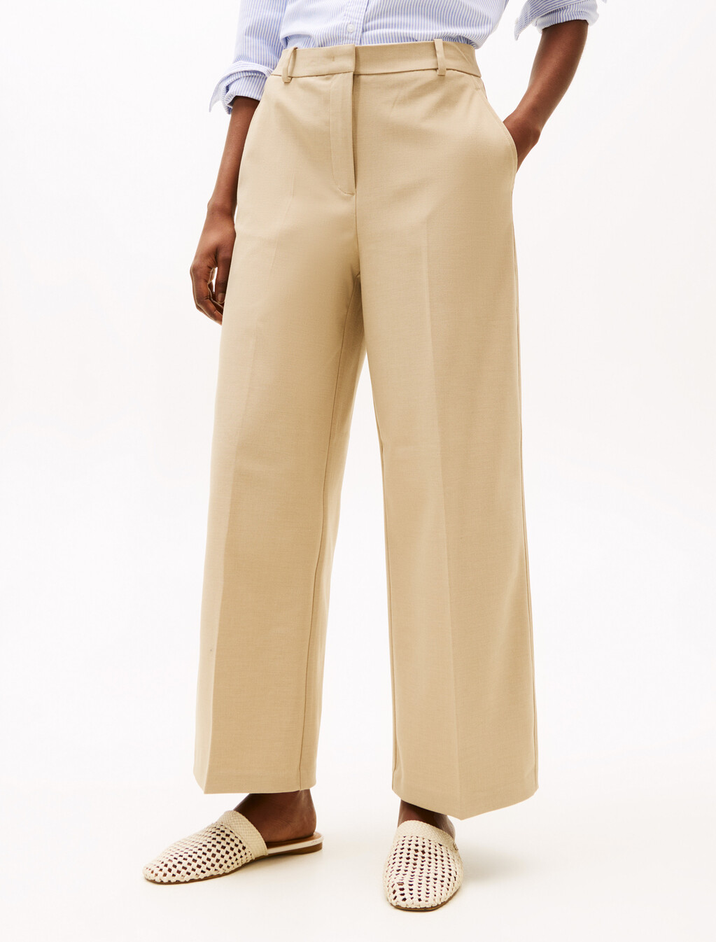 Anti-Wrinkle Wide Leg Cropped Trousers, Beige, hi-res