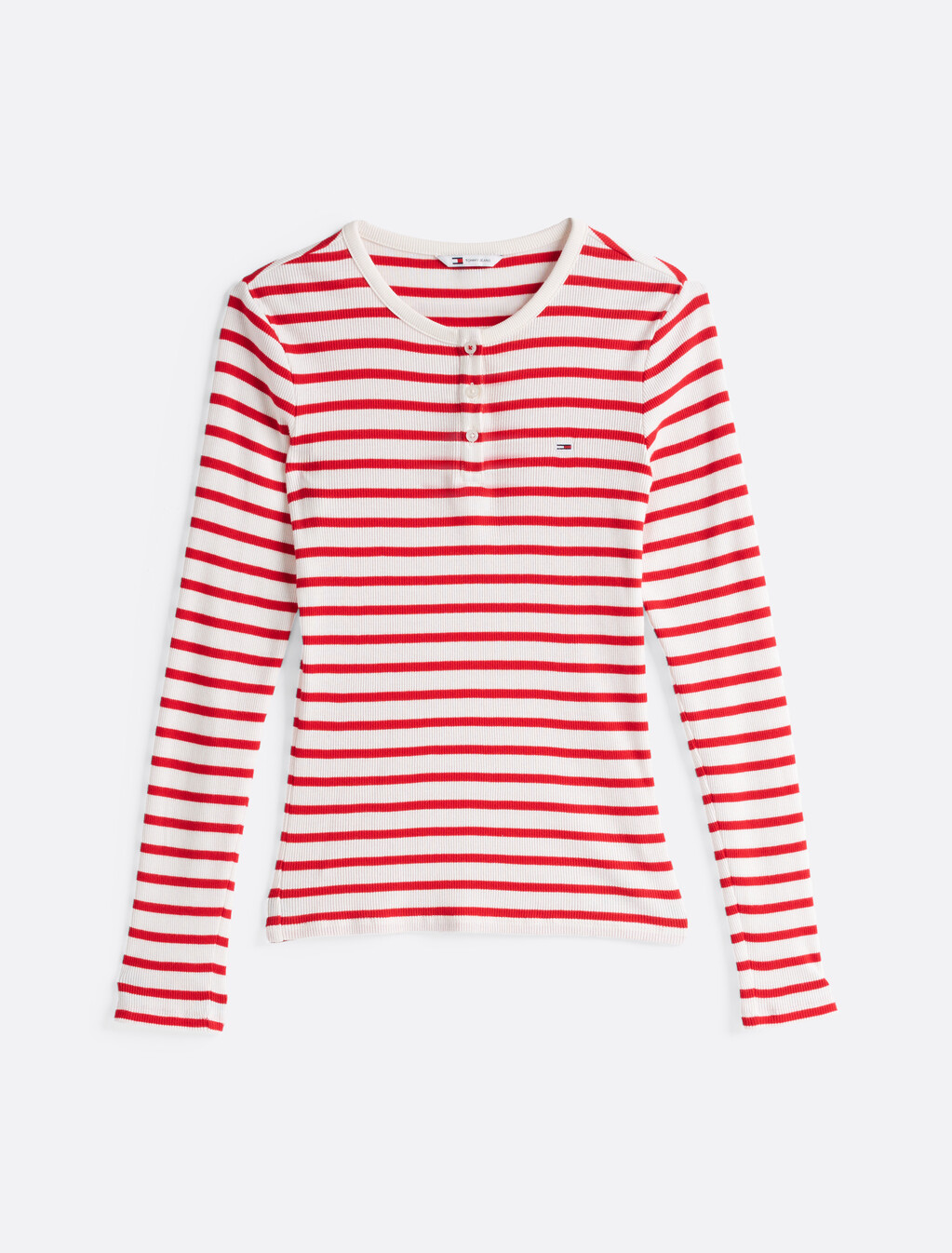 Ribbed Long Sleeve Slim T-Shirt, Red/White Sripe, hi-res