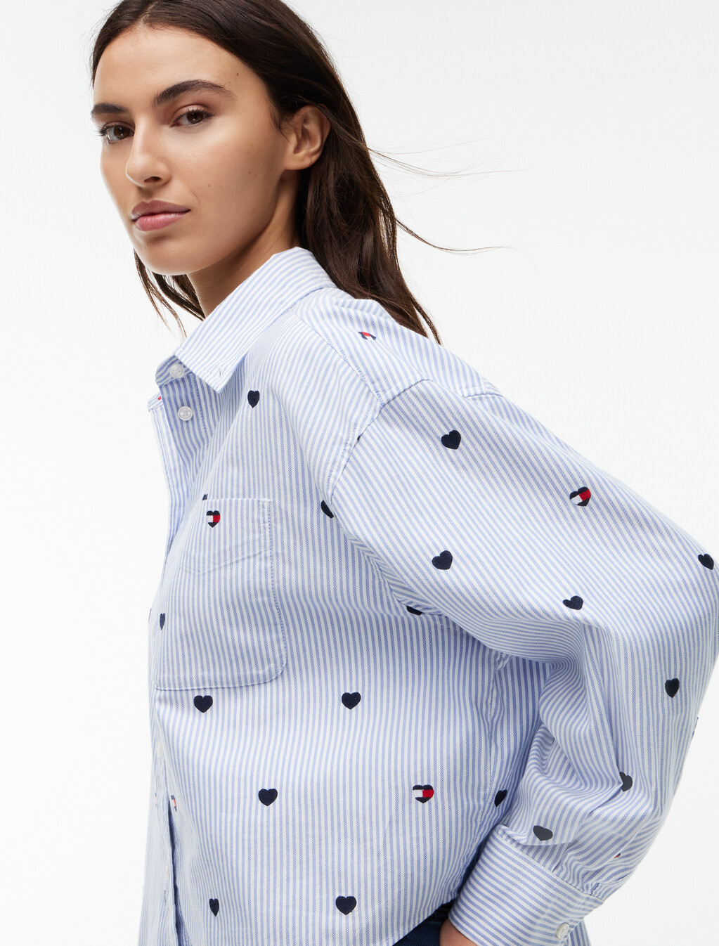 Festive Heart Embroidery Cropped Oxford Shirt, Sheer Blue / Stripe, hi-res