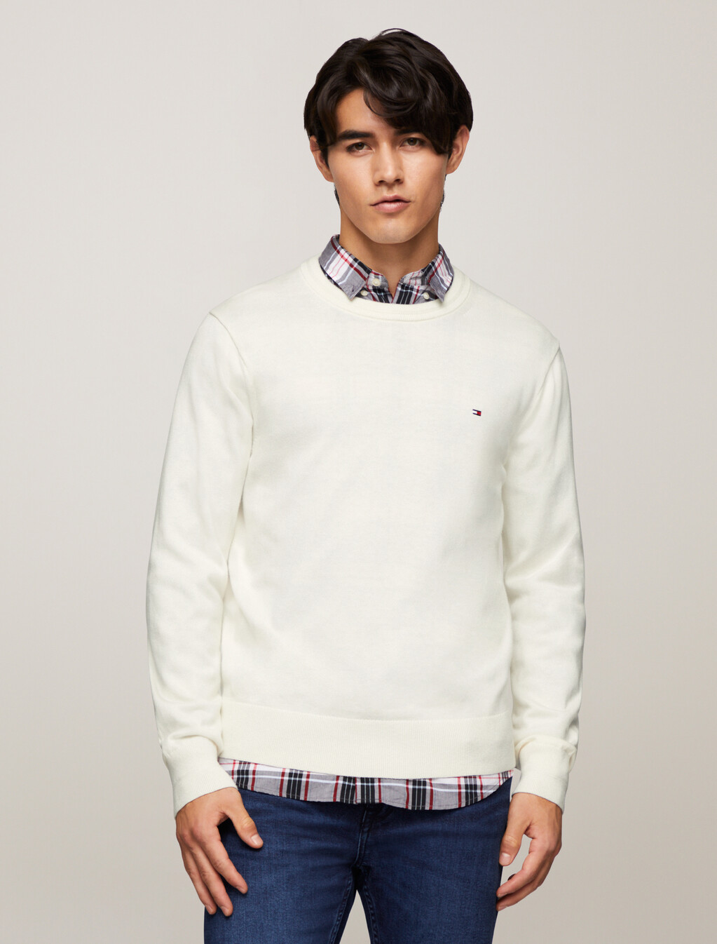 Cotton Silk Crewneck Sweater, Ivory, hi-res