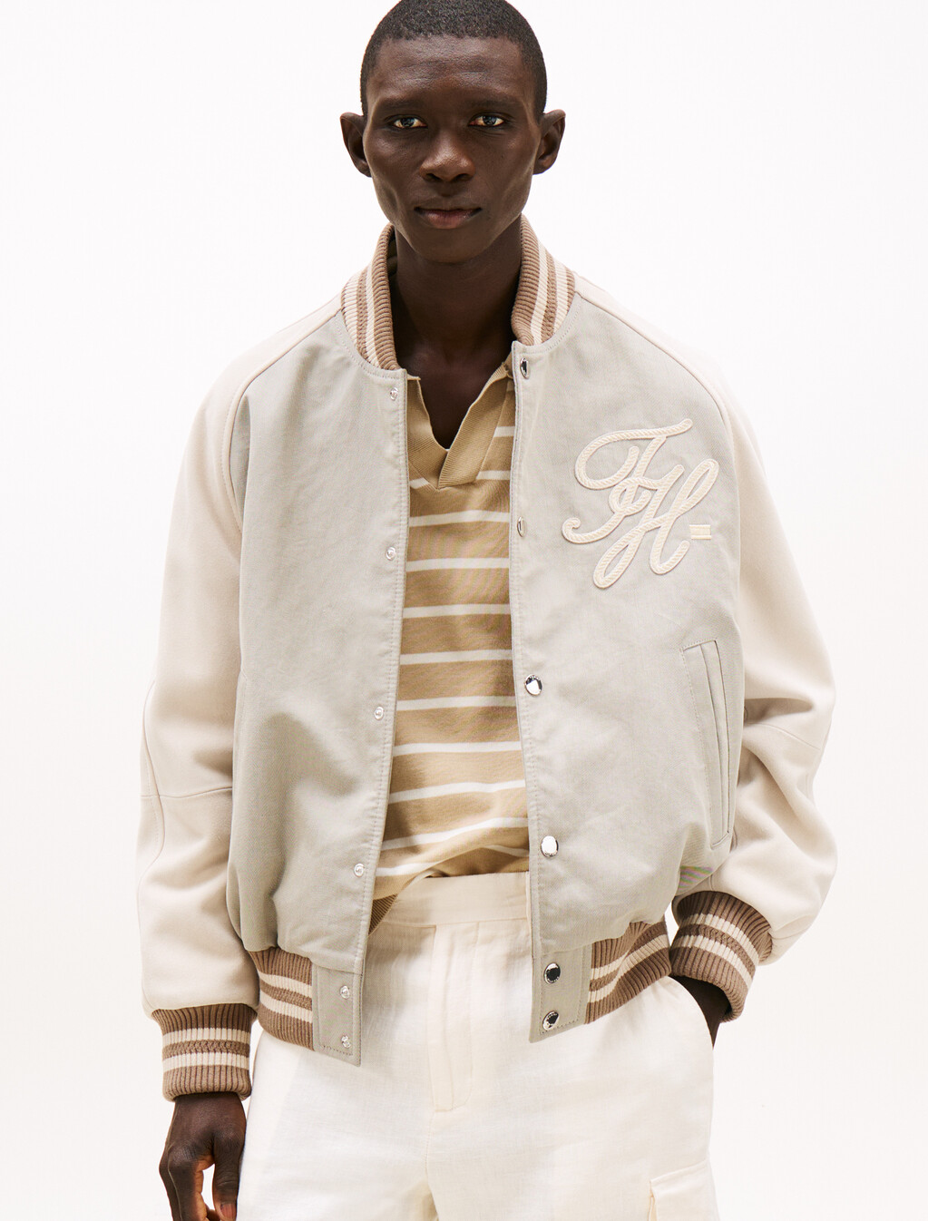 Suede Varsity Bomber Jacket, Sandalwood, hi-res