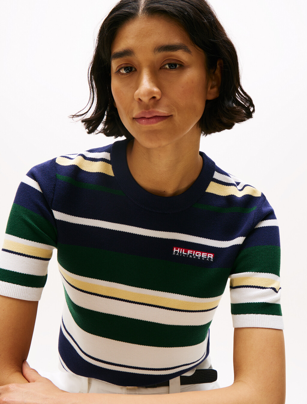 Hilfiger Sailing Cropped Short Sleeve Jumper, Yale Navy / Multi, hi-res