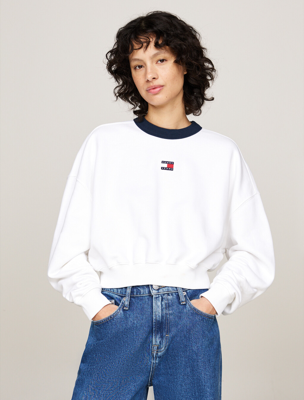Oversized Cropped Contrast Neckline Sweatshirt, White, hi-res