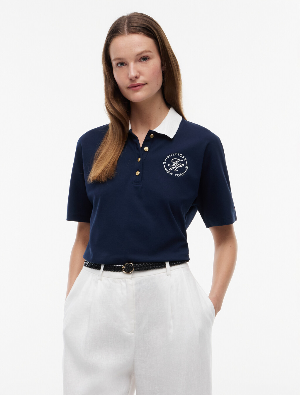 Regular Fit Gold-Tone Button Polo Shirt, Dark Night Navy, hi-res
