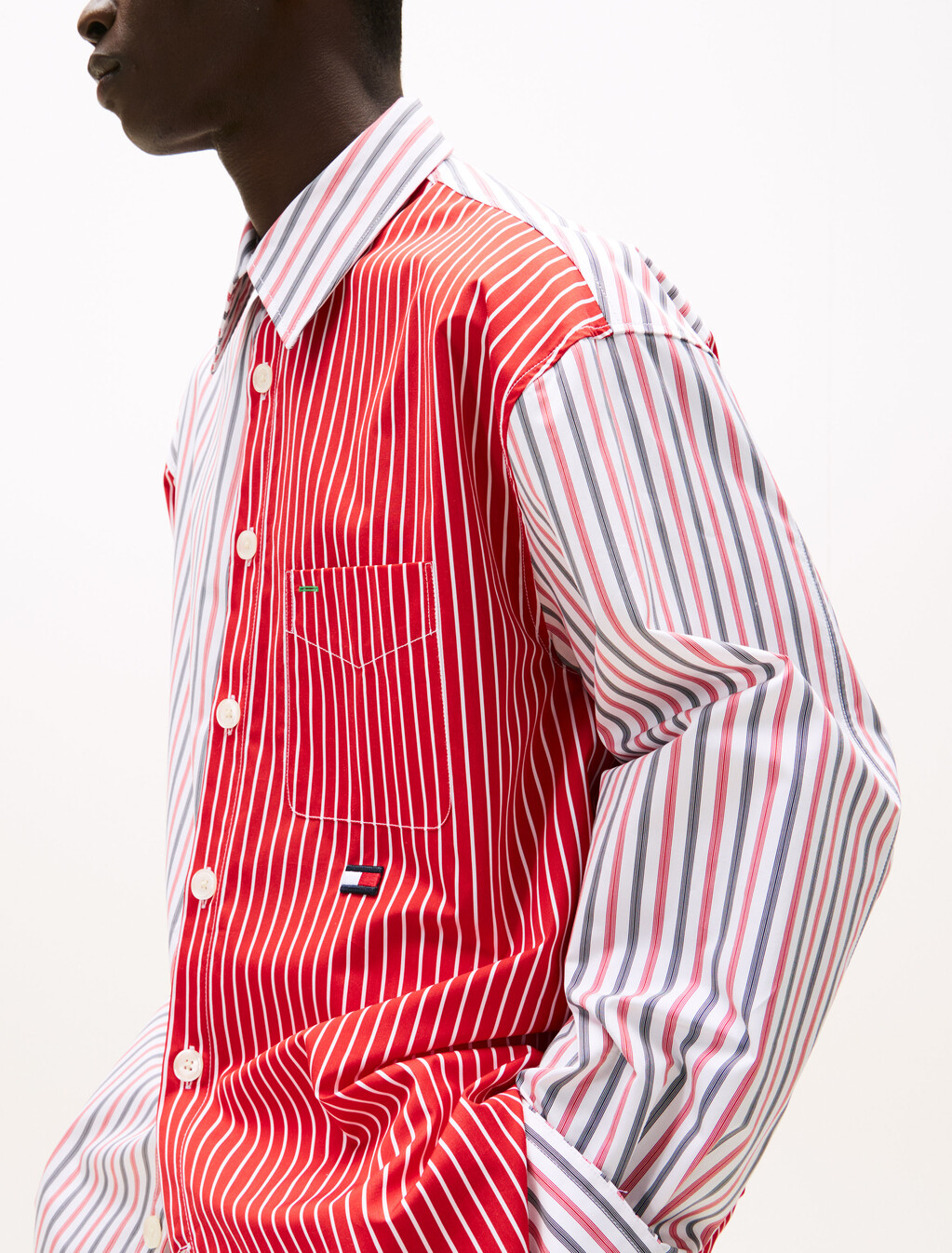 The Runway Collection Oversized Mixed Stripe Shirt, Fire Red, hi-res