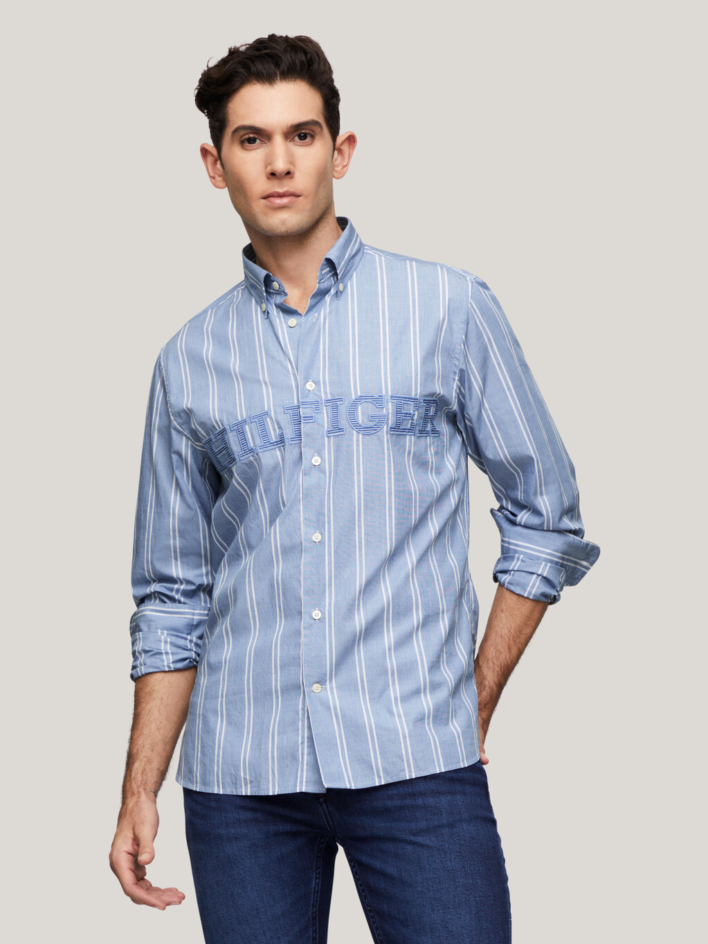 Fil-à-fil Double Stripe Shirt, Cloudy Blue / Optic White, hi-res