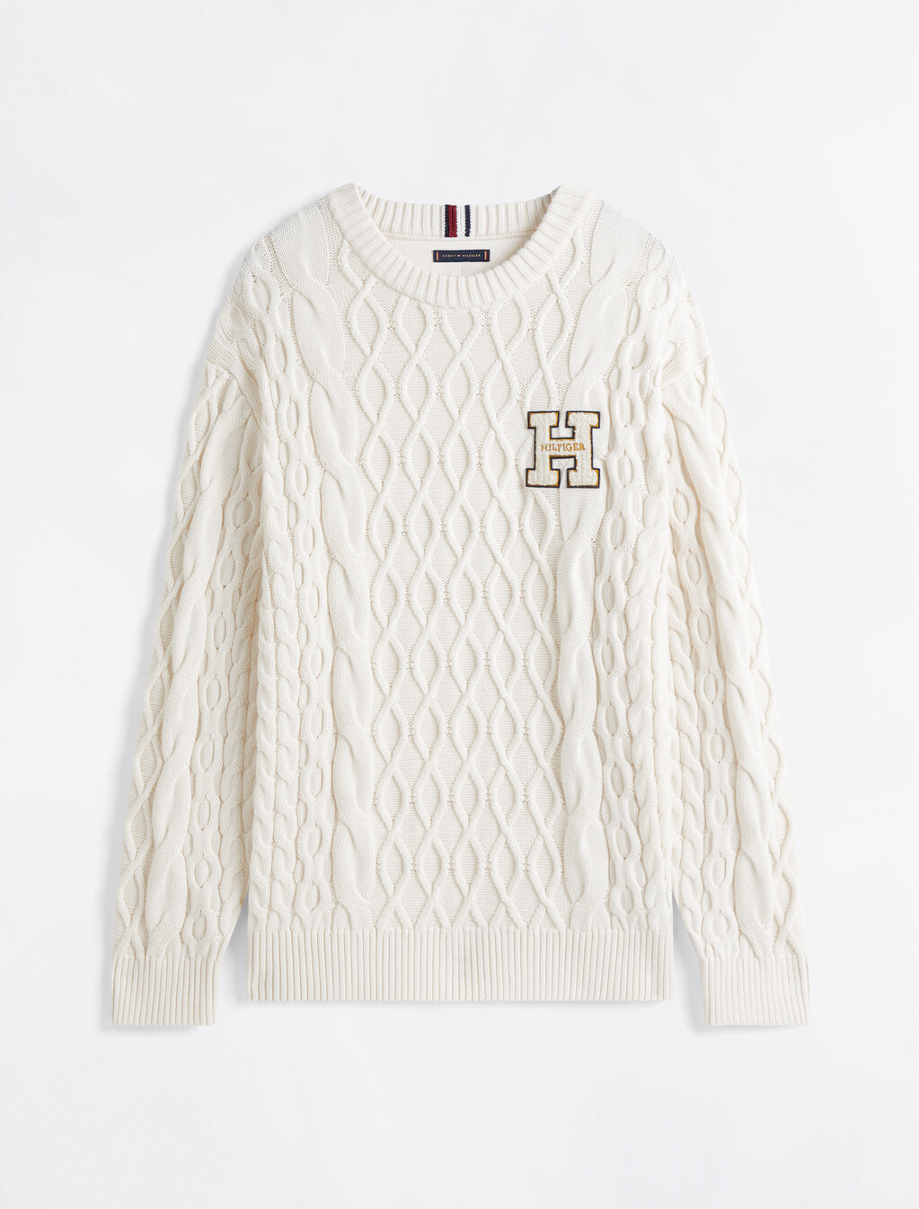 Cable Knit Letterman Applique Sweater, Ivory Petal, hi-res