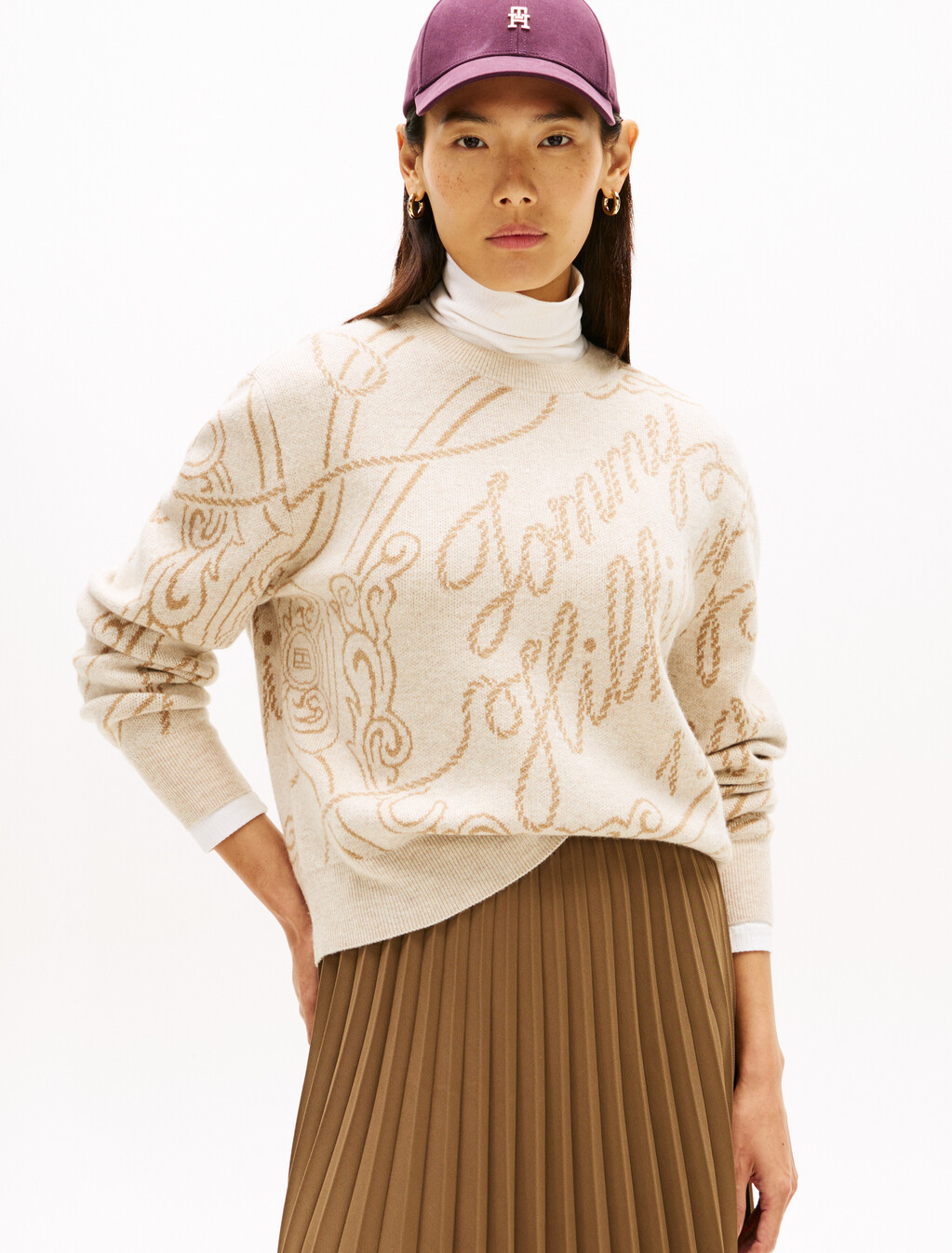 Logo Jacquard Cashmere Crewneck Sweater, Classic Beige Htr, hi-res