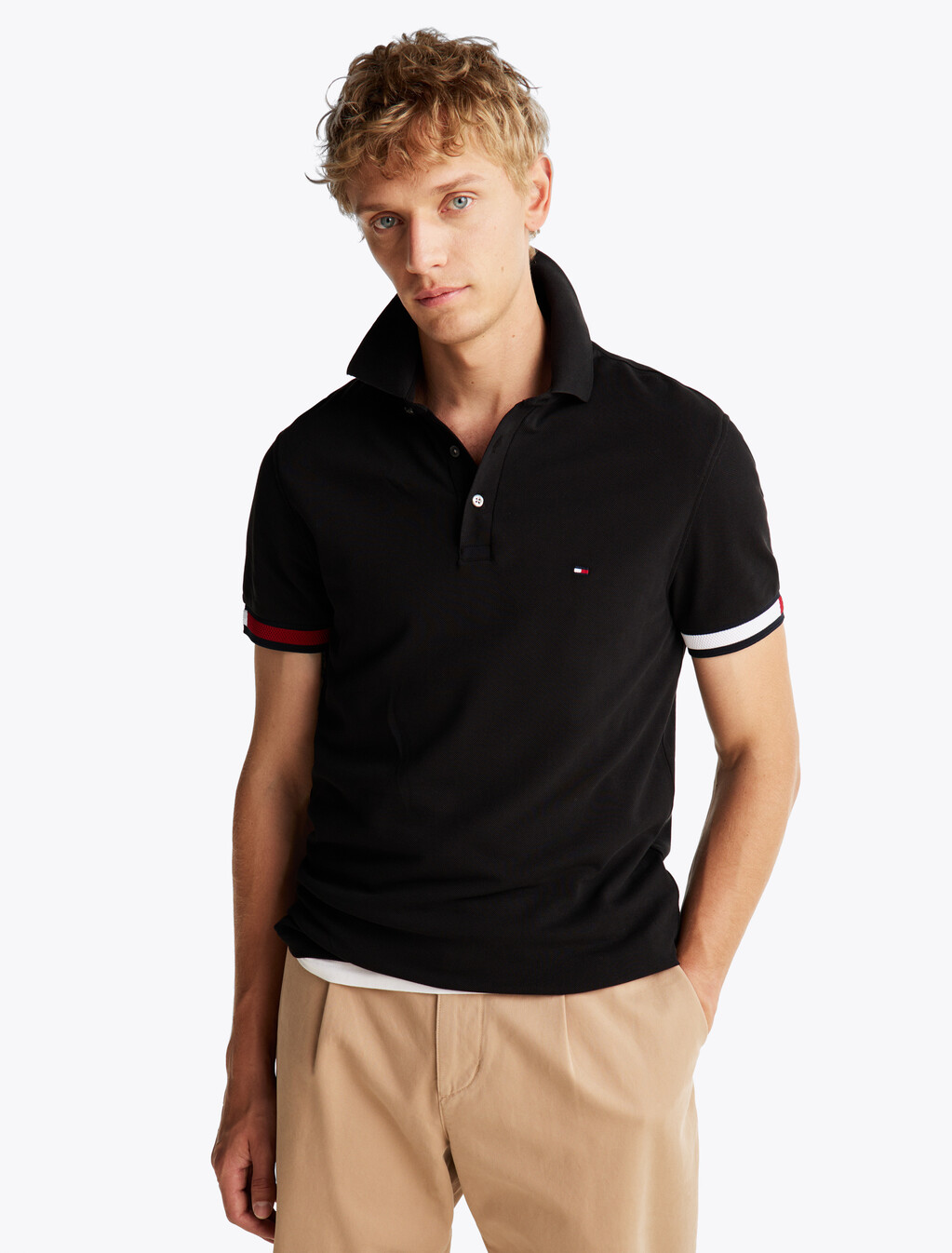 Flag Cuff Slim Polo, Black, hi-res
