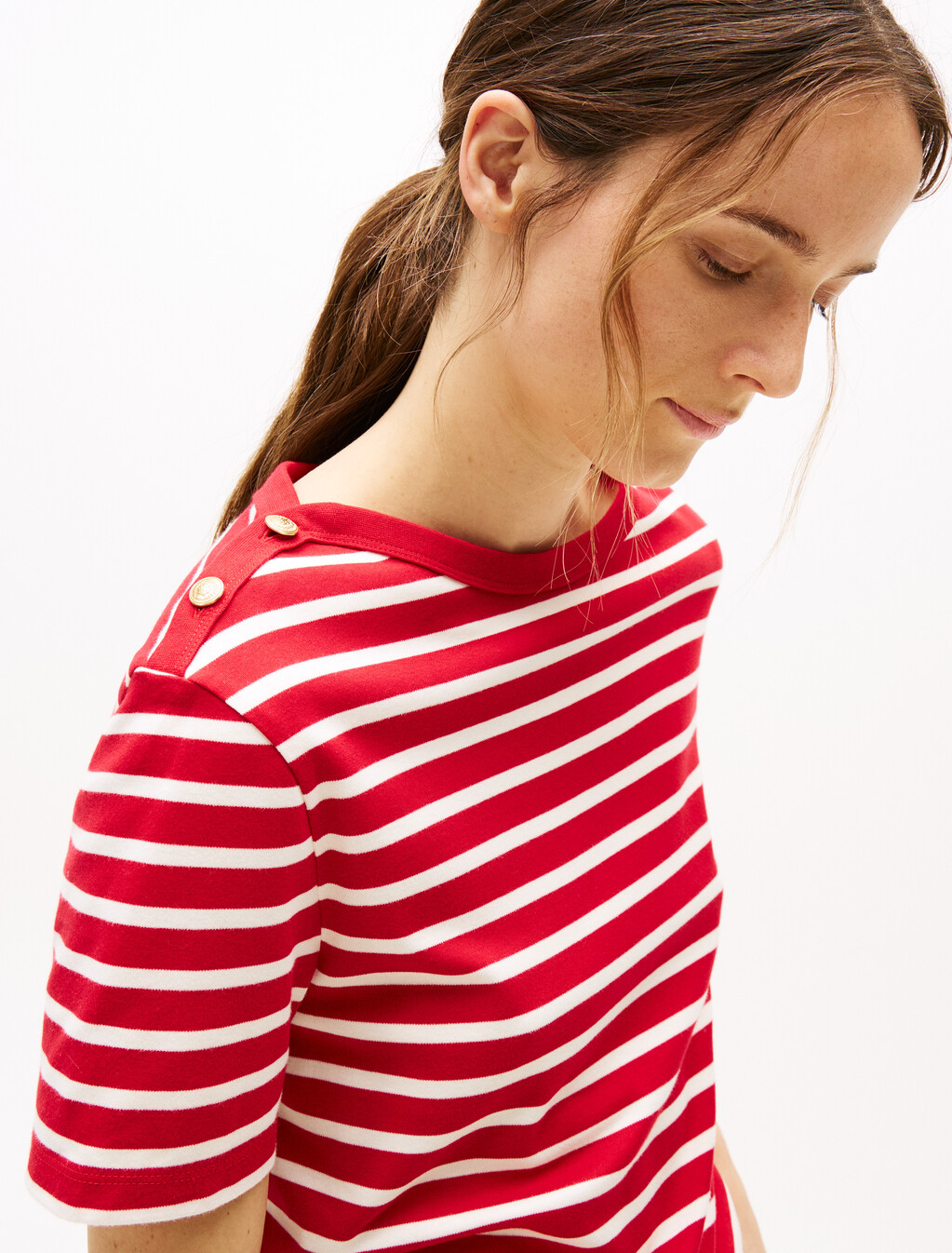 Stripe Boat Neck Relaxed T-Shirt, Primary Red/Calico Stp, hi-res