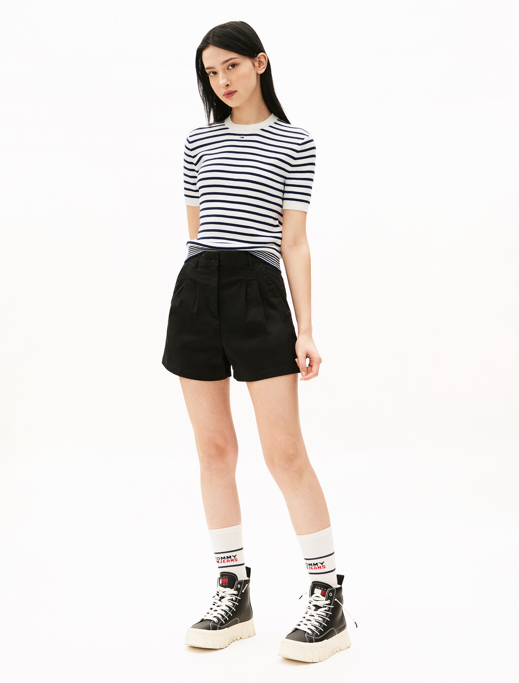 Essential Stripe Short Sleeve Sweater, White/Navy Stripe, hi-res