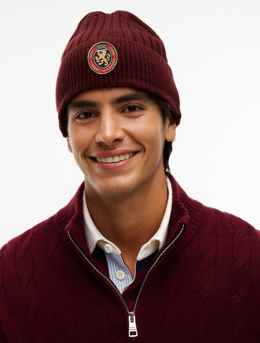 Lambswool Blend Crest Rib-Knit Beanie, Red Wine, hi-res