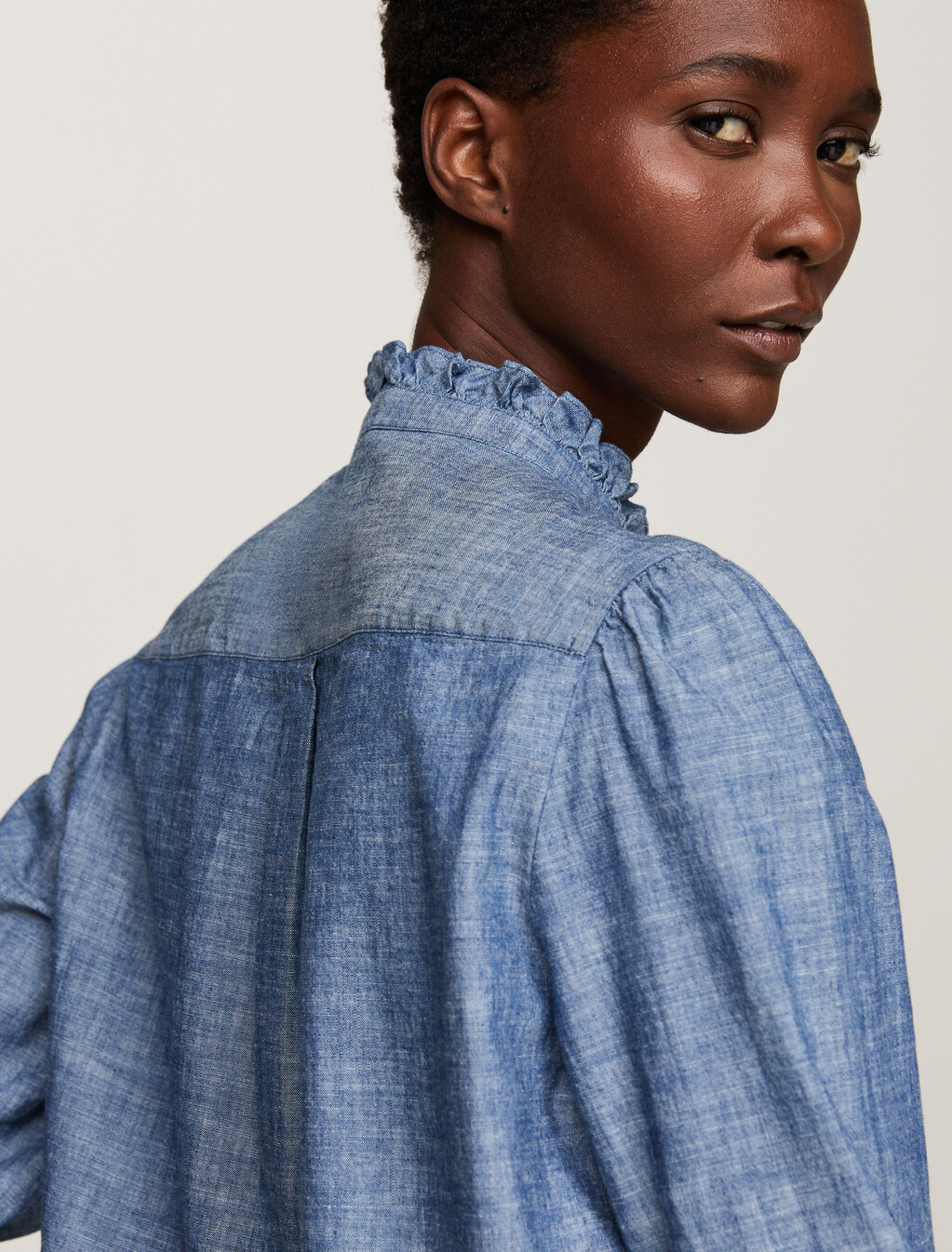 荷葉邊寬鬆青年布襯衫, Mid Blue Chambray, hi-res