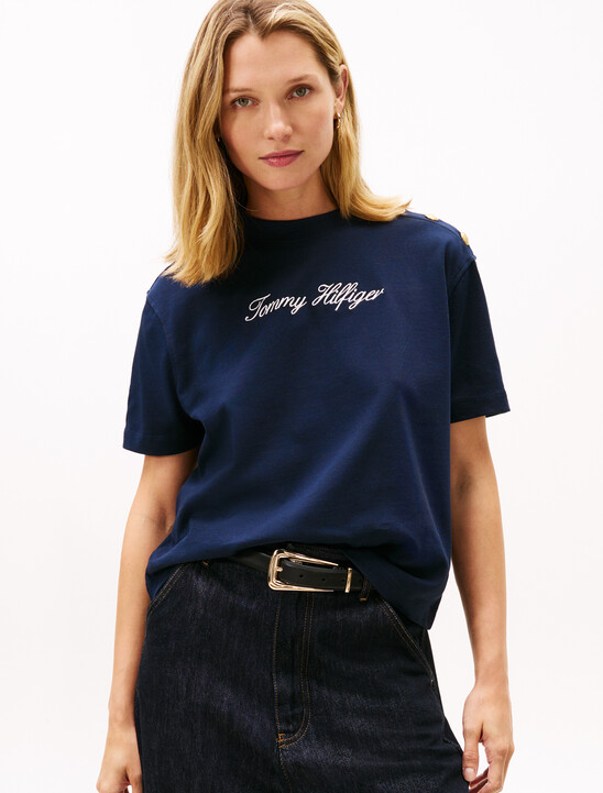Gold-Tone Button Logo Embroidery Relaxed T-Shirt
