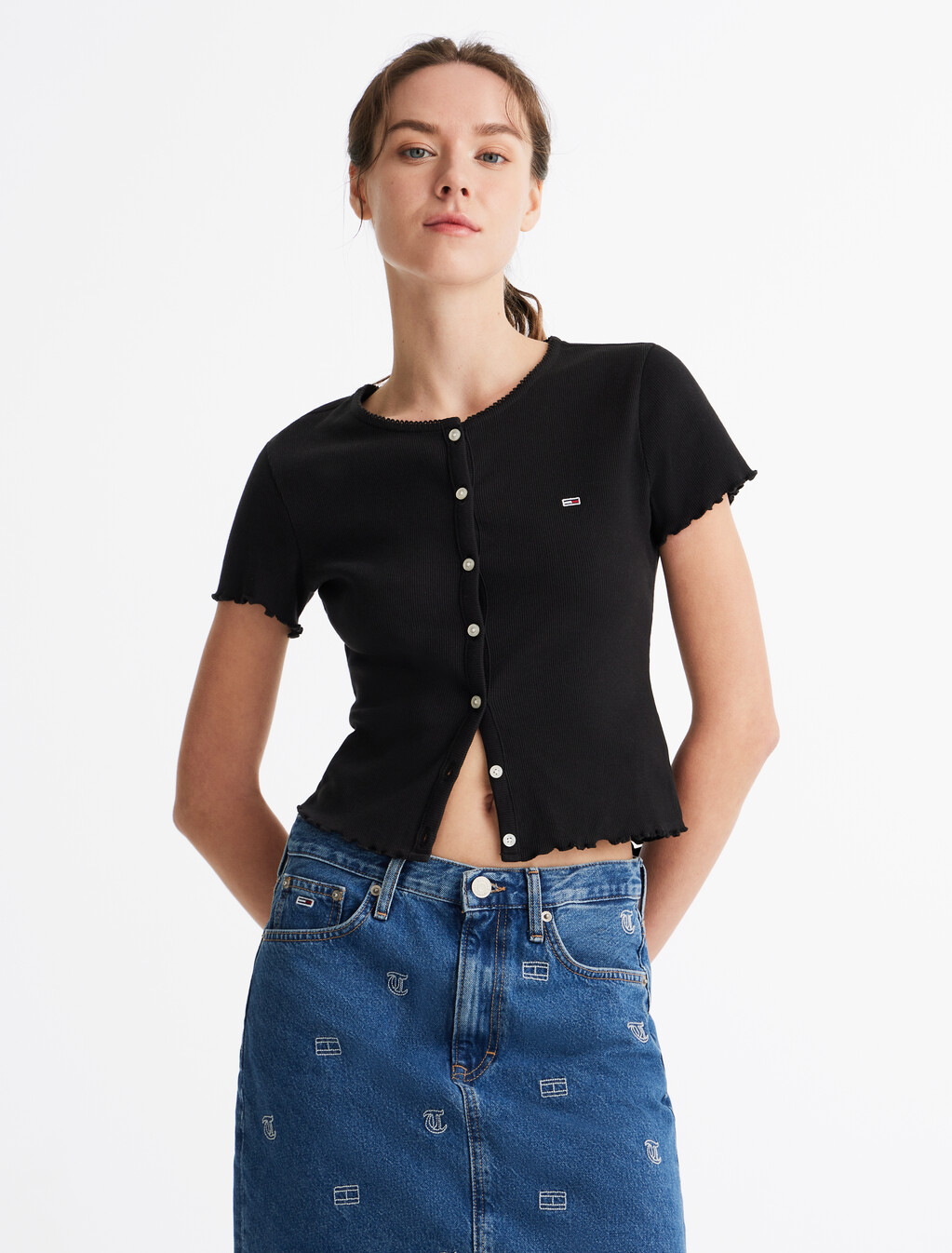 Scallop Trim Rib Knit Top, Black, hi-res