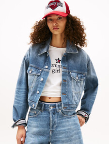 Tommy Girl Back Logo Cropped Oversized Denim Jacket, Indigo Wash, hi-res