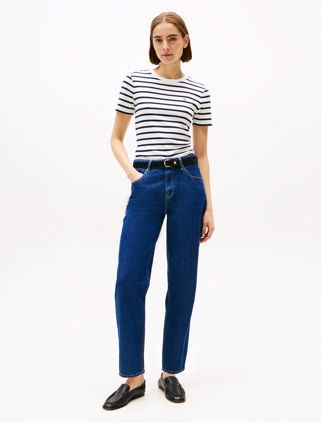 Flag Embroidery Ribbed Slim T-Shirt, Breton Dark Night Navy Stp, hi-res