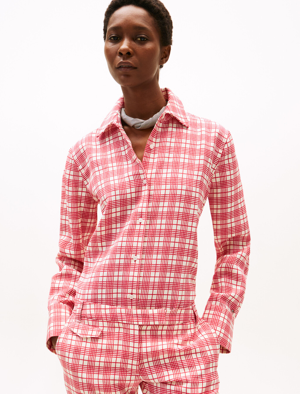 The Runway Collection Regular Silk Blend Shirt, Cream/Red Check, hi-res