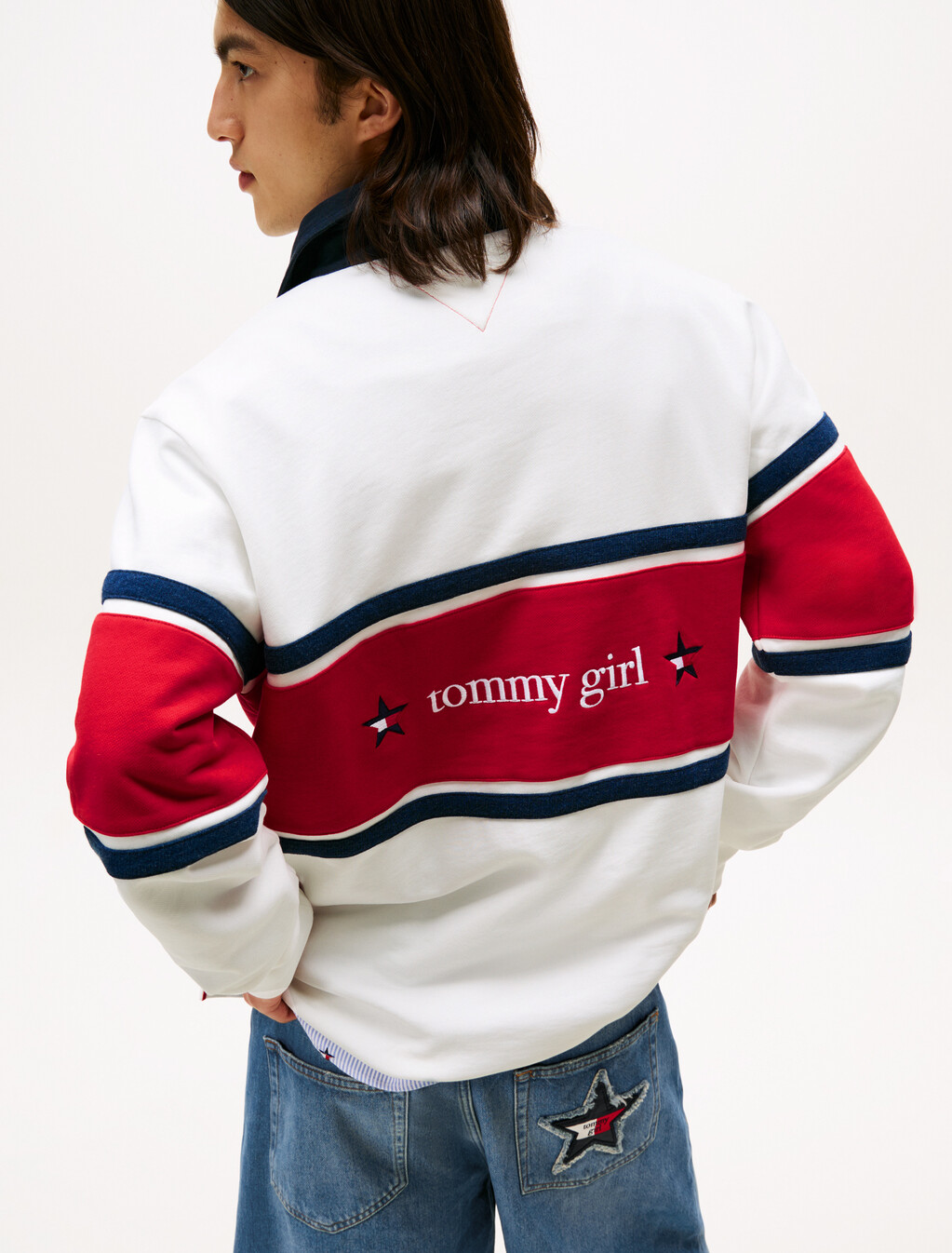Tommy Girl 後背標誌寬鬆條紋橄欖球衫, Ecru, hi-res