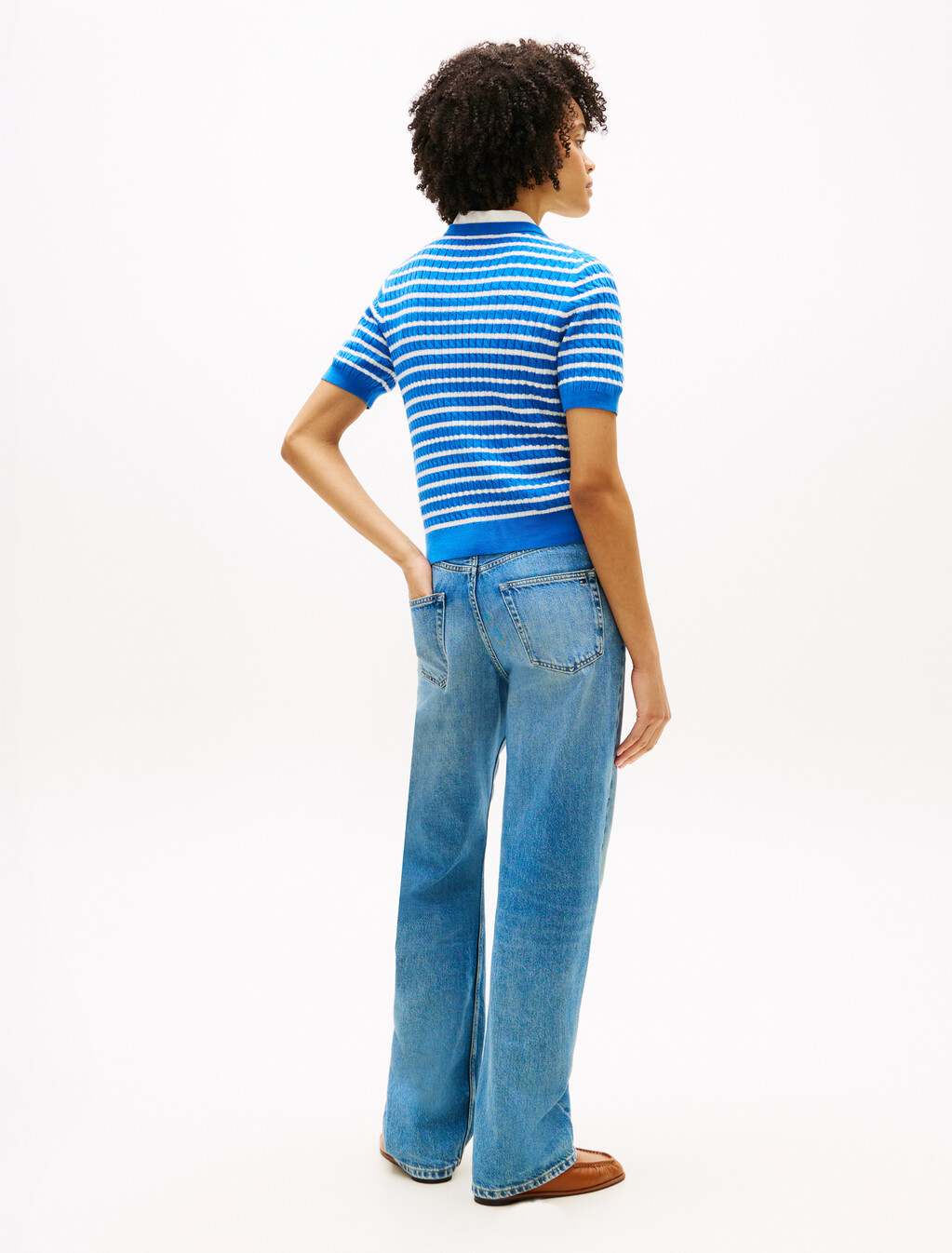 Fine Cable Knit Short Sleeve Henley Jumper, Breton Stp Blue Orbit, hi-res